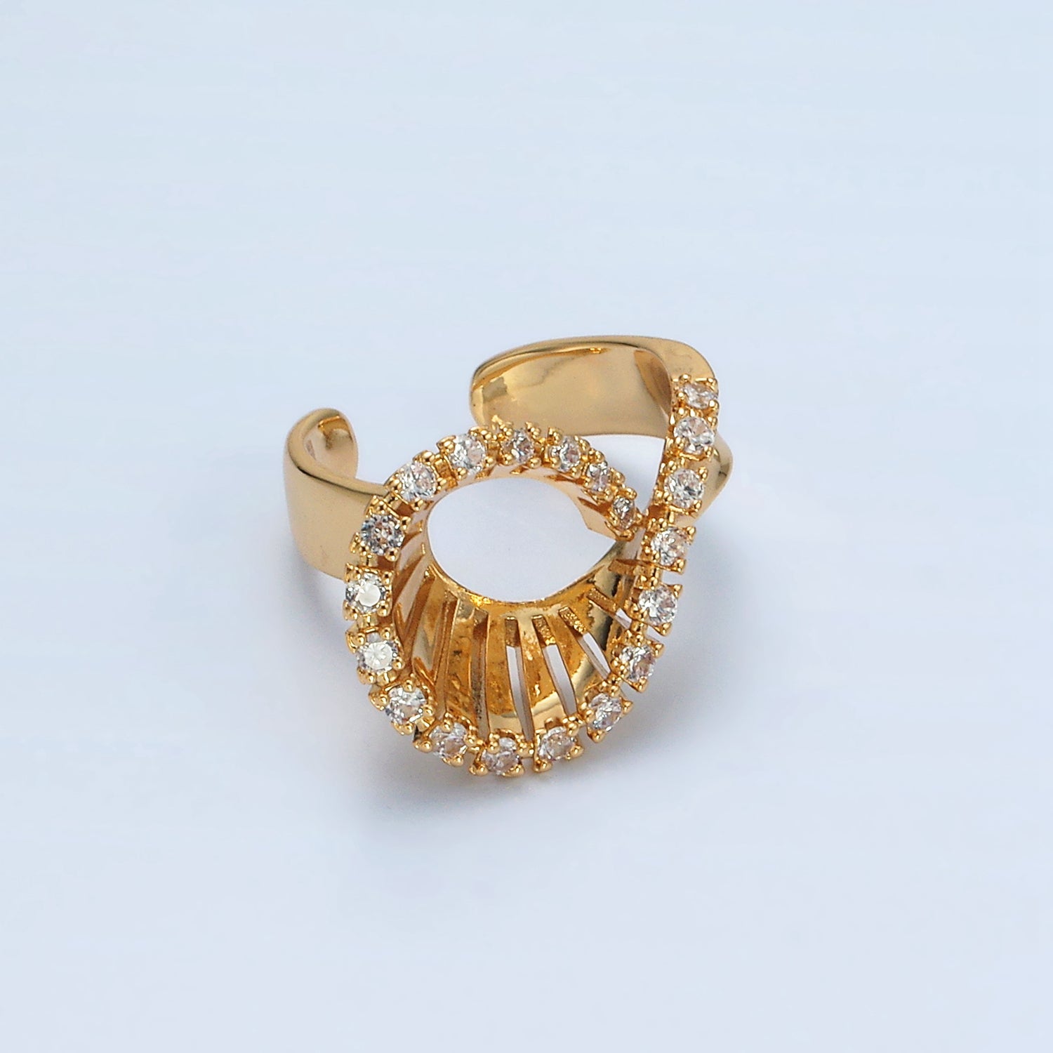 24K Gold Filled Micro Paved CZ Curved Filigree Geometric Ring | O1397