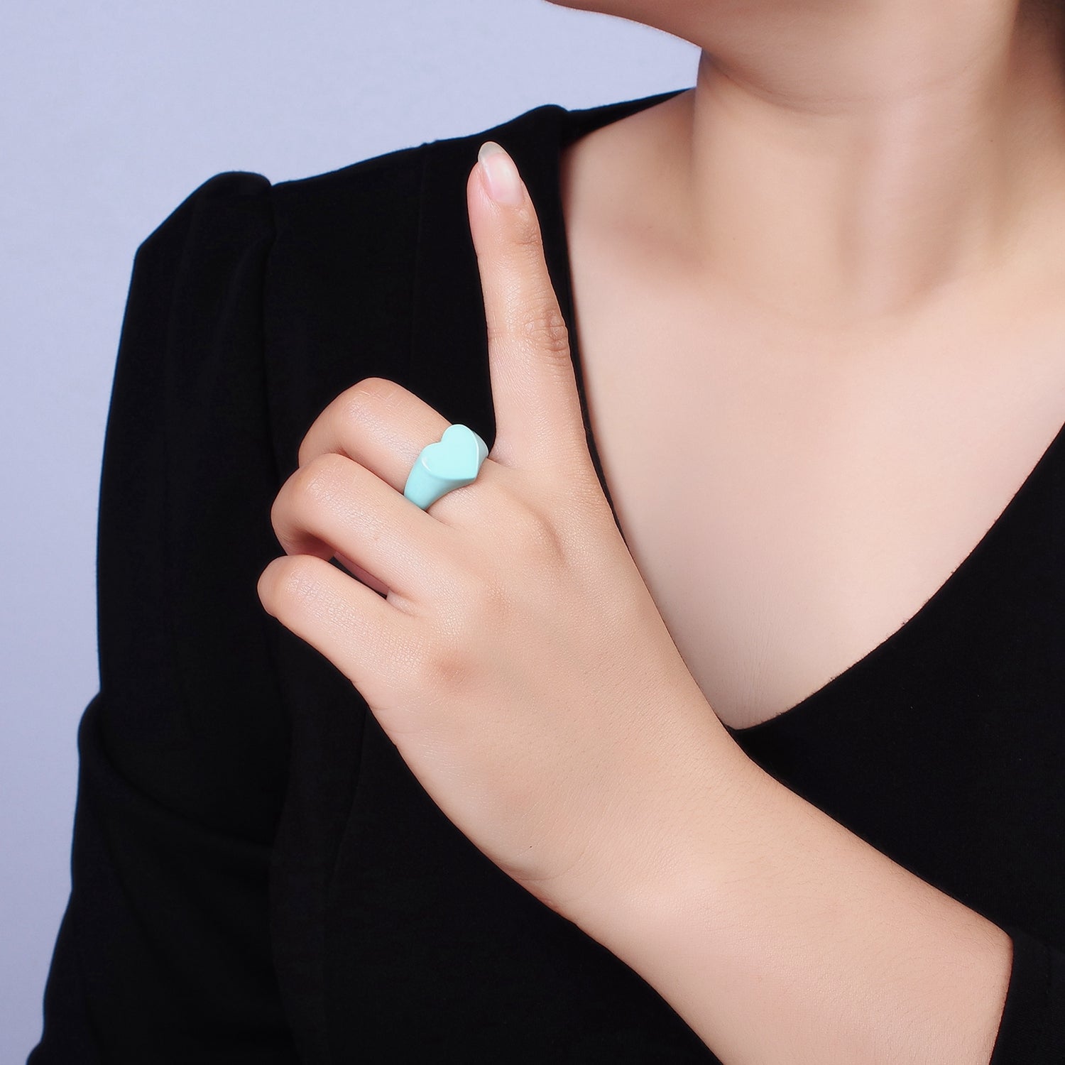 Enamel Baby Blue Heart Signet Y2K Statement Ring Adjustable Ring for Single Lady | O563 - DLUXCA