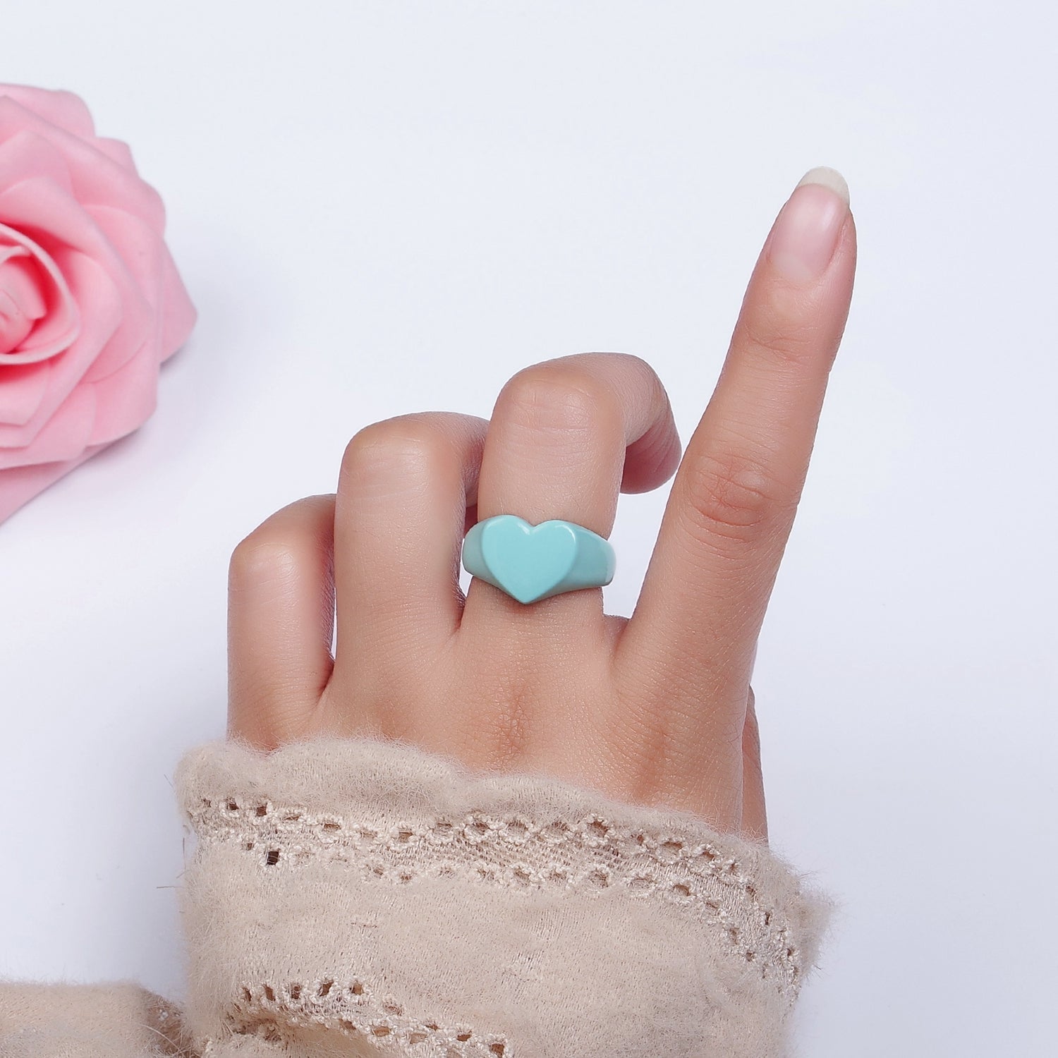Enamel Baby Blue Heart Signet Y2K Statement Ring Adjustable Ring for Single Lady | O563 - DLUXCA