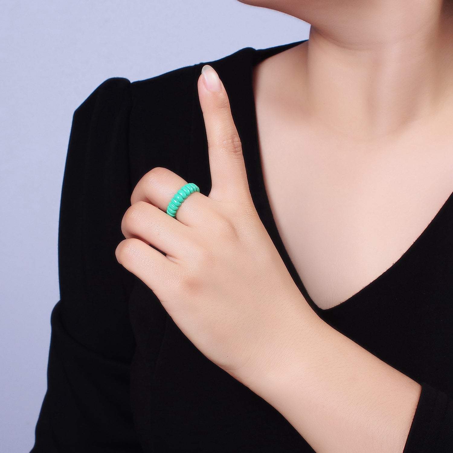 Dainty Turquoise Enamel Croissant Lined Y2K Ring for Single Lady | O566 - DLUXCA