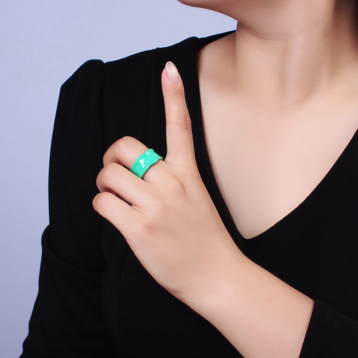 Enamel Turquoise Hammered Rustic Y2K Statement Band Ring for Single Lady | O567 - DLUXCA