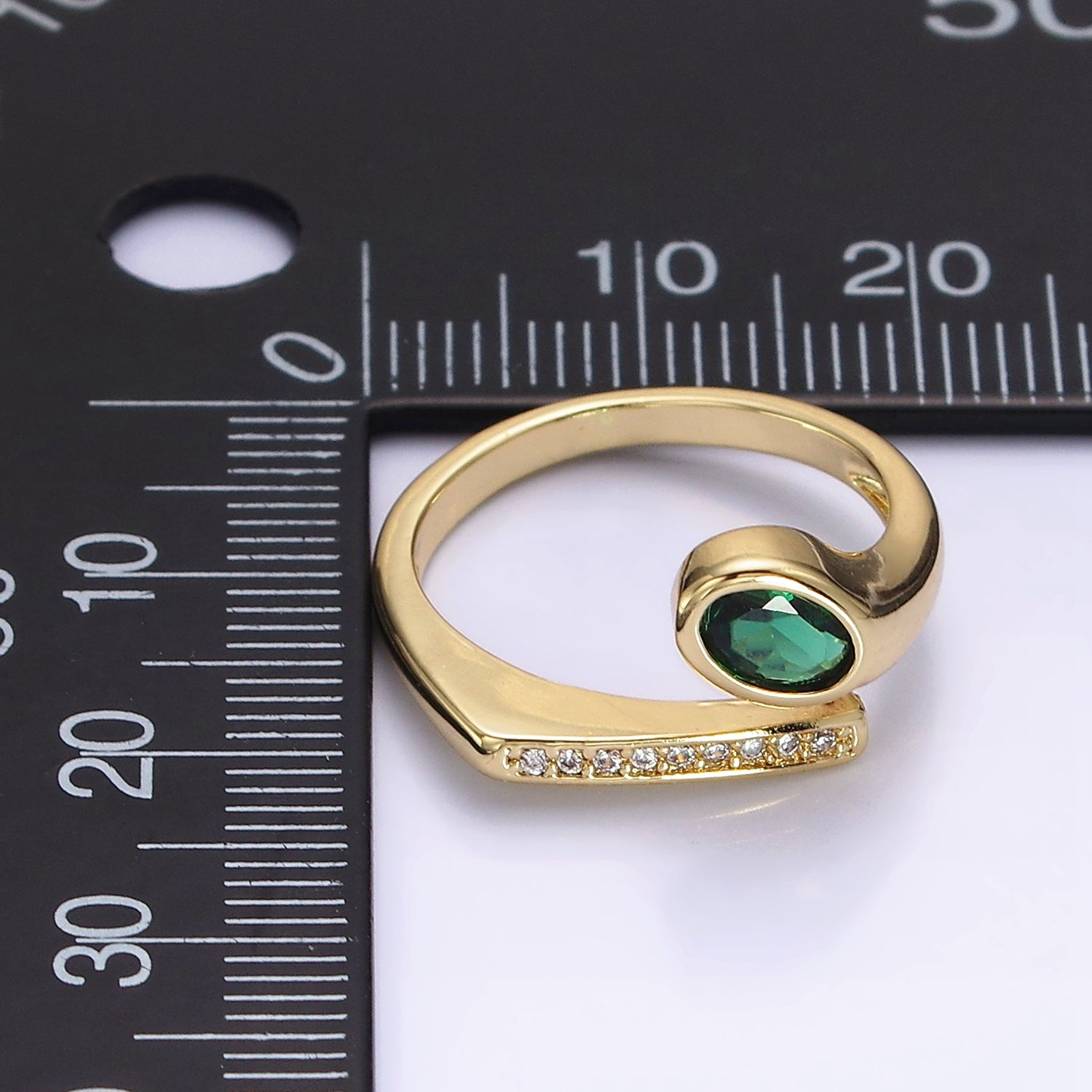 14K Gold Filled Green Oval CZ Clear Micro Paved Band Open Ring | O569 - DLUXCA
