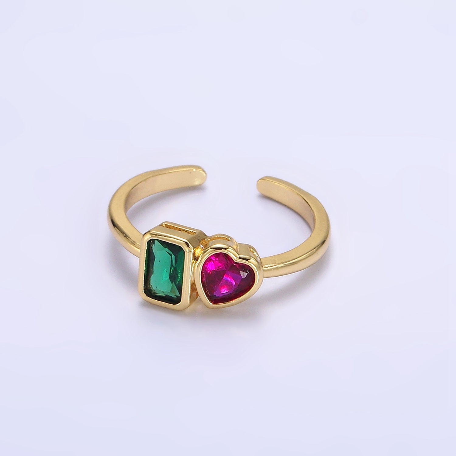 14K Gold Filled Green Baguette Fuchsia Heart Ring | O580 - DLUXCA
