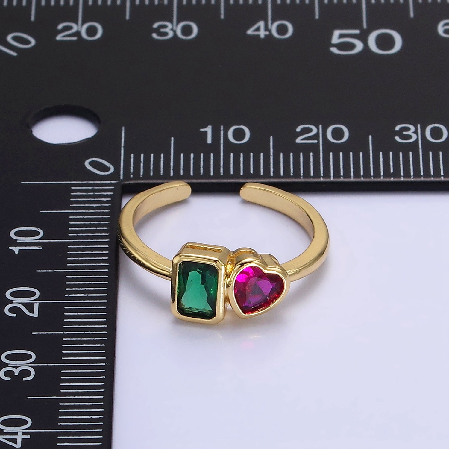 14K Gold Filled Green Baguette Fuchsia Heart Ring | O580 - DLUXCA