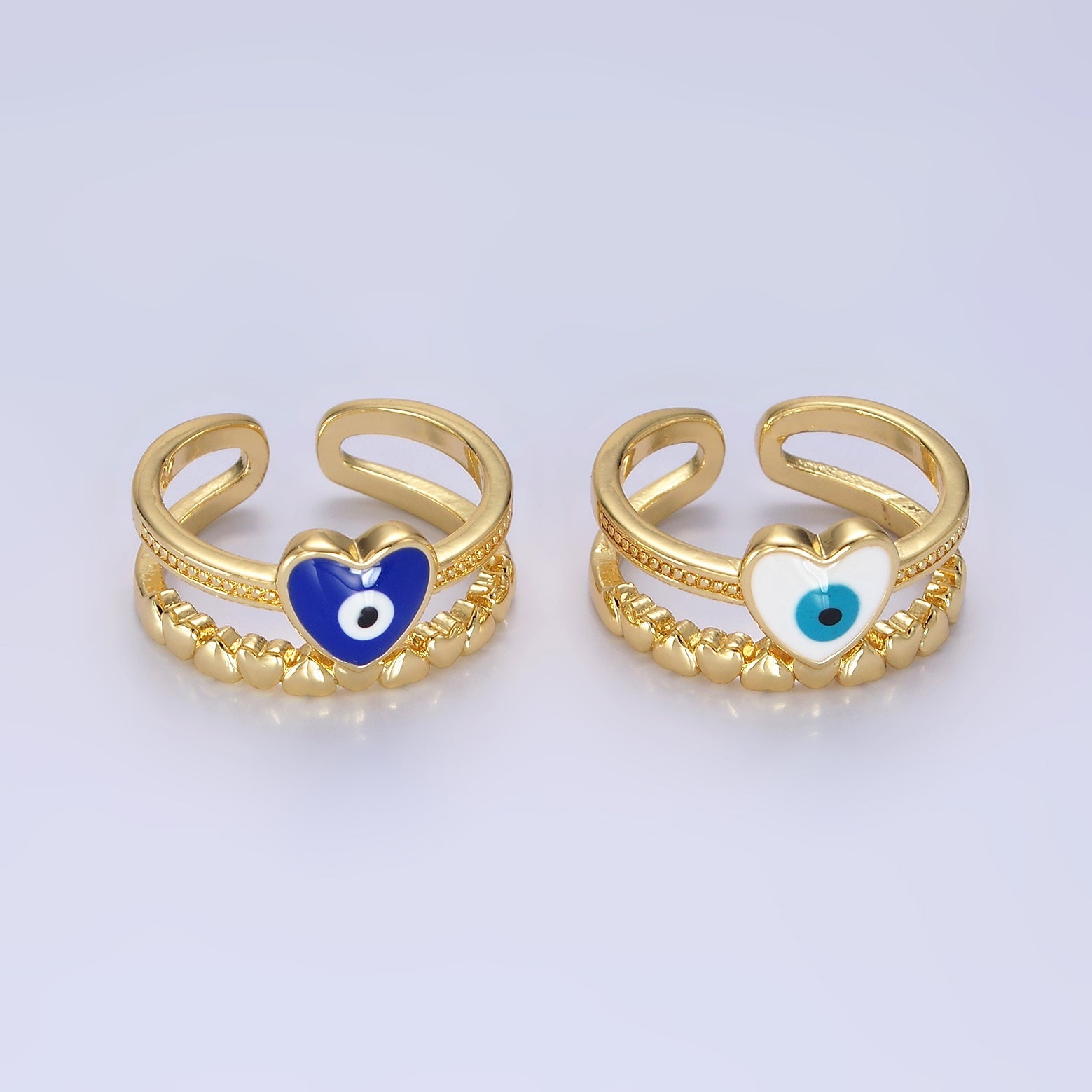 14K Gold Filled White, Blue Evil Eye Heart Beaded Double Band Ring | O582 O583 - DLUXCA