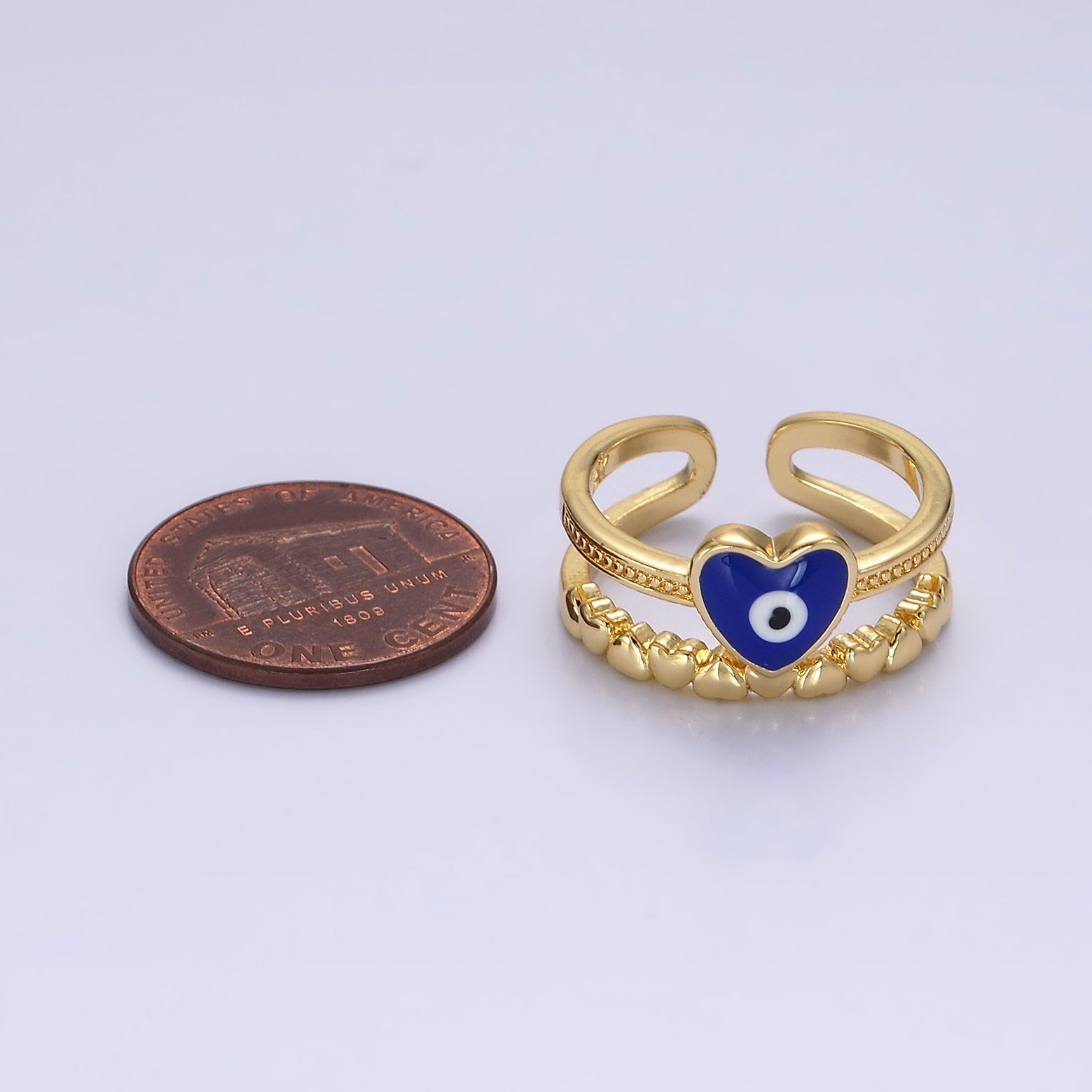 14K Gold Filled White, Blue Evil Eye Heart Beaded Double Band Ring | O582 O583 - DLUXCA