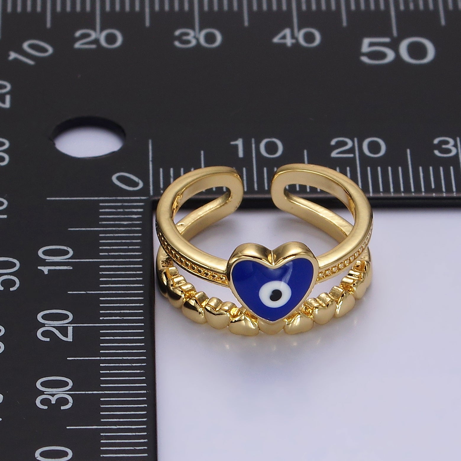 14K Gold Filled White, Blue Evil Eye Heart Beaded Double Band Ring | O582 O583 - DLUXCA