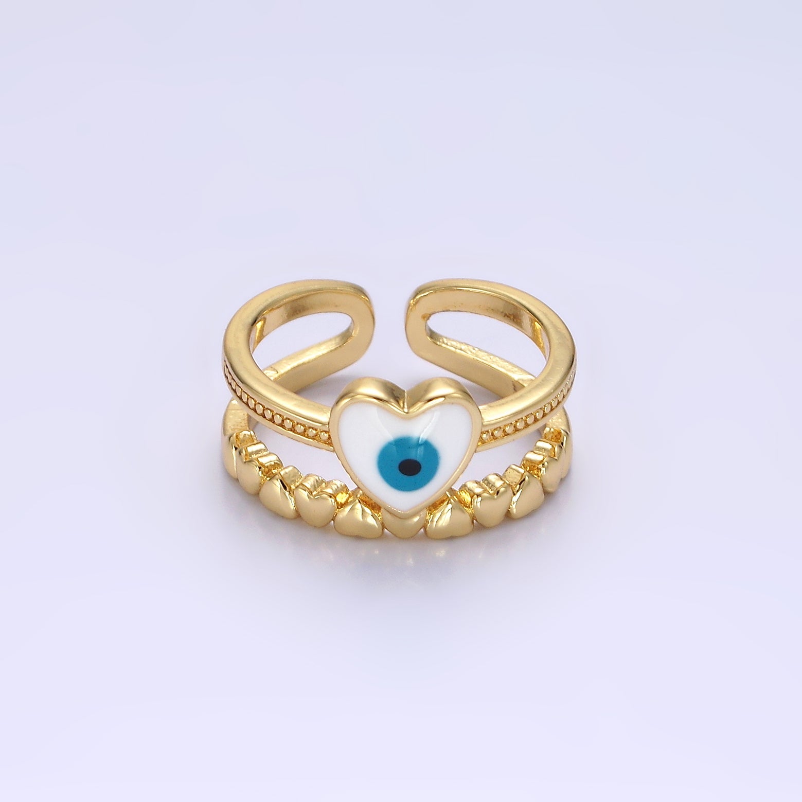 14K Gold Filled White, Blue Evil Eye Heart Beaded Double Band Ring | O582 O583 - DLUXCA