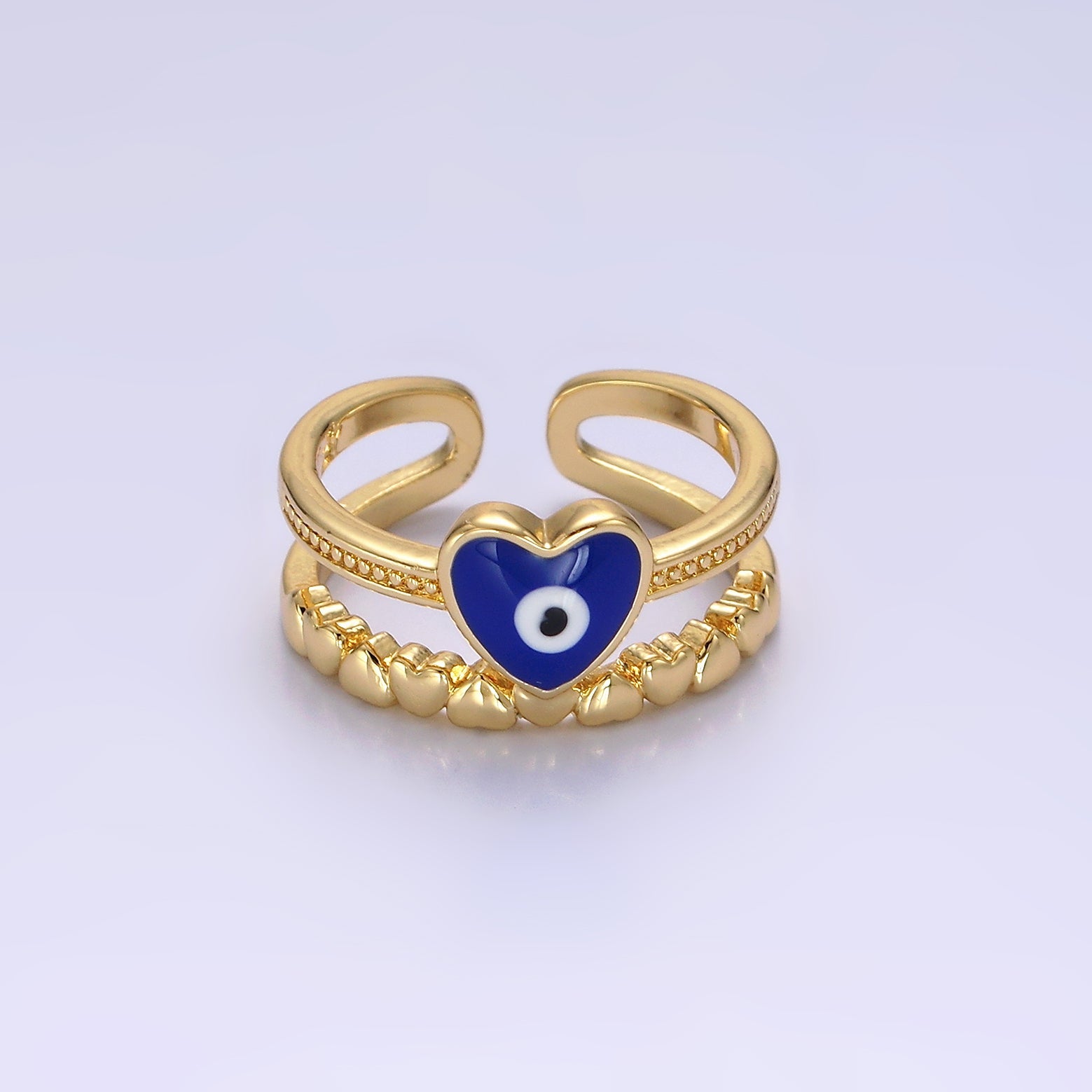 14K Gold Filled White, Blue Evil Eye Heart Beaded Double Band Ring | O582 O583 - DLUXCA