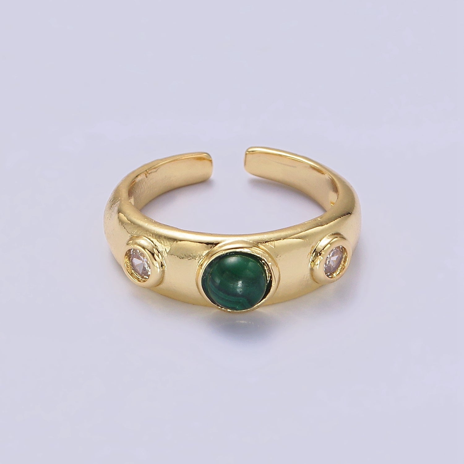 14K Gold Filled Malachite Natural Gemstone Triple Round CZ Ring | O590 - DLUXCA