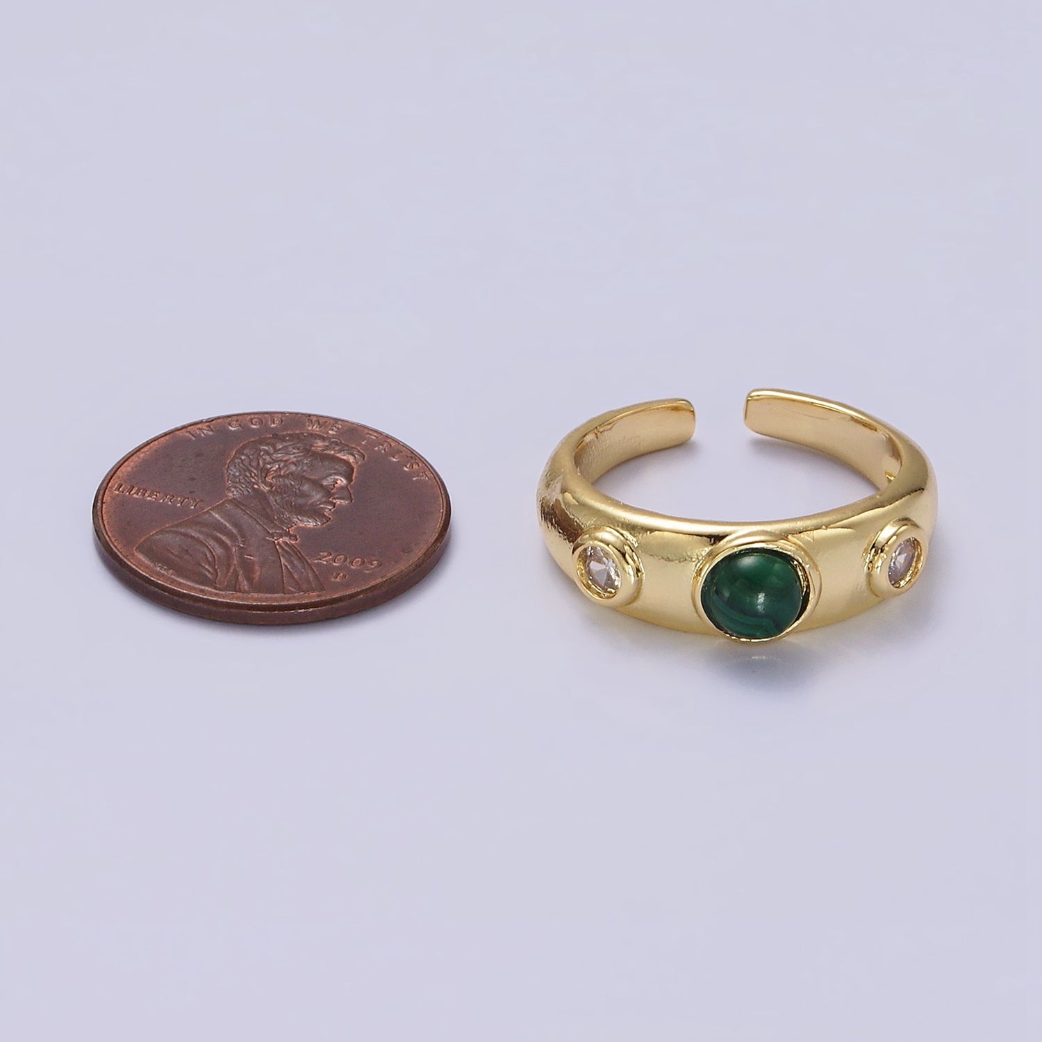 14K Gold Filled Malachite Natural Gemstone Triple Round CZ Ring | O590 - DLUXCA