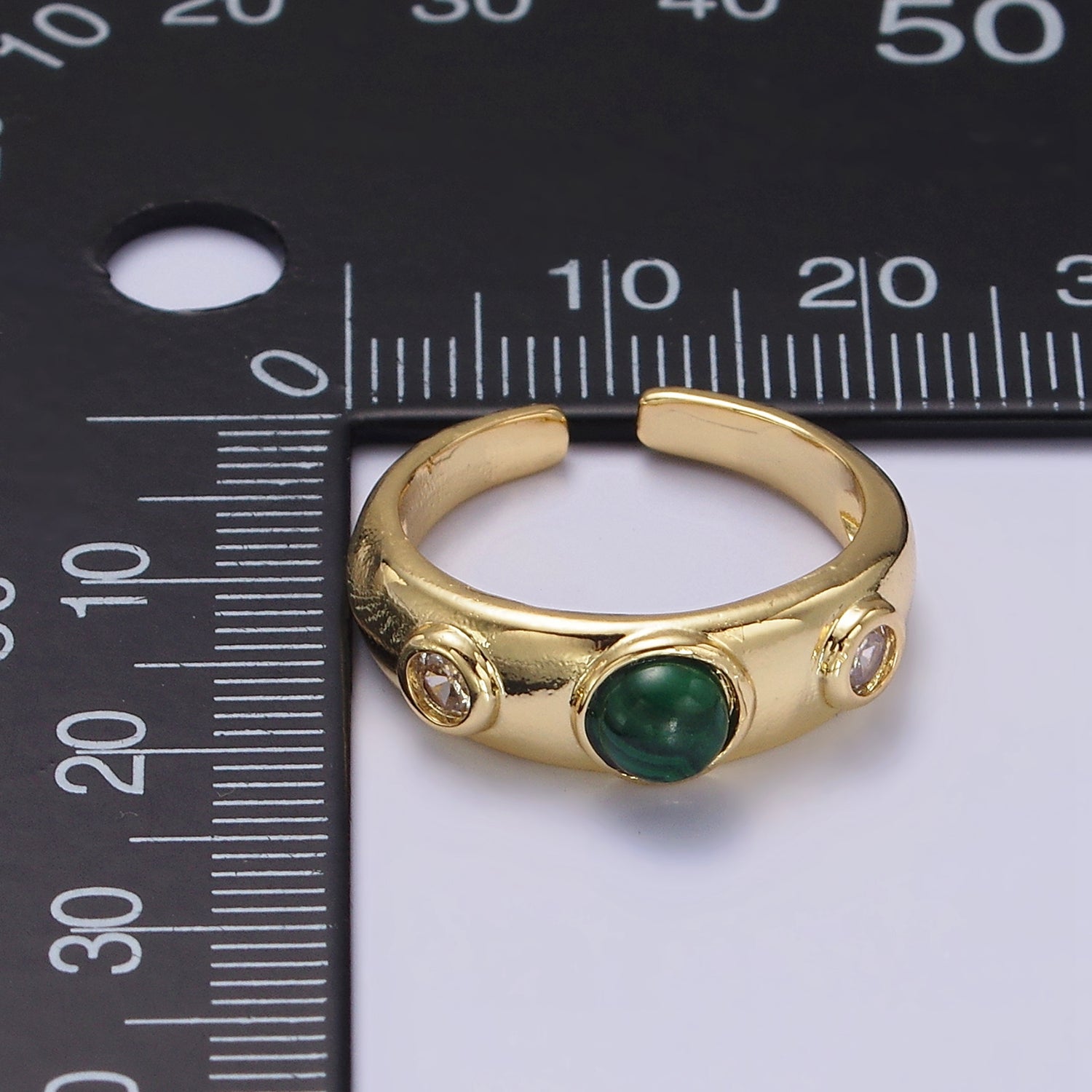 14K Gold Filled Malachite Natural Gemstone Triple Round CZ Ring | O590 - DLUXCA