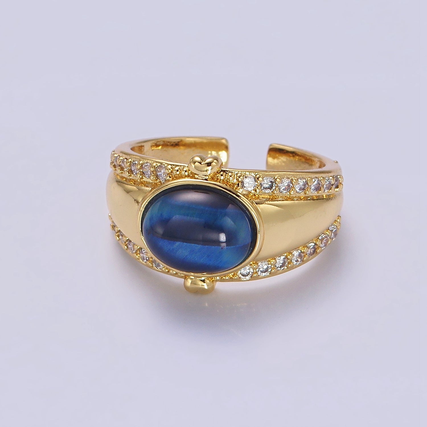 14K Gold Filled Lapis Lazuli Oval Double Heart Micro Paved CZ Signet Ring | O591 - DLUXCA