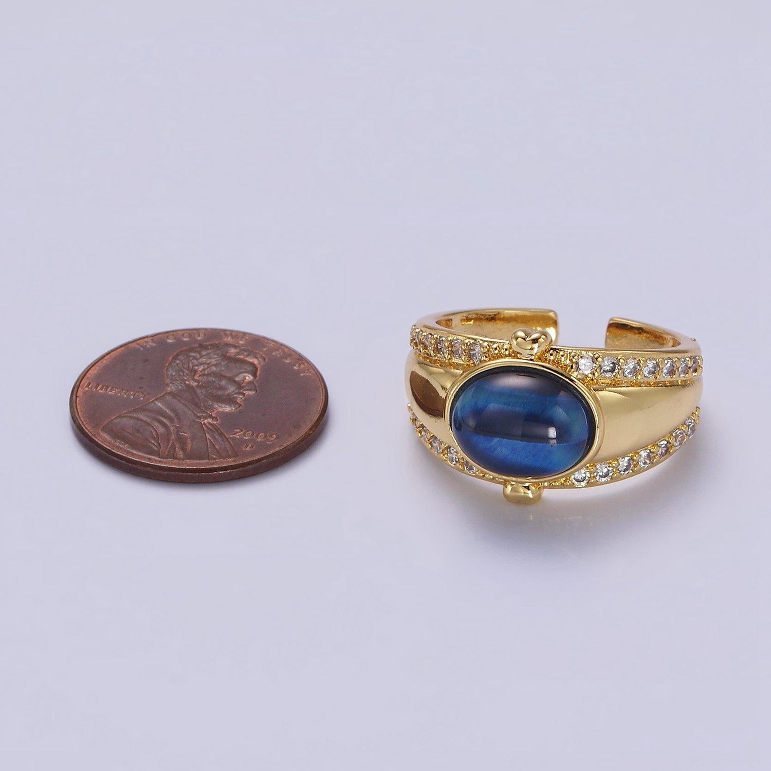 14K Gold Filled Lapis Lazuli Oval Double Heart Micro Paved CZ Signet Ring | O591 - DLUXCA