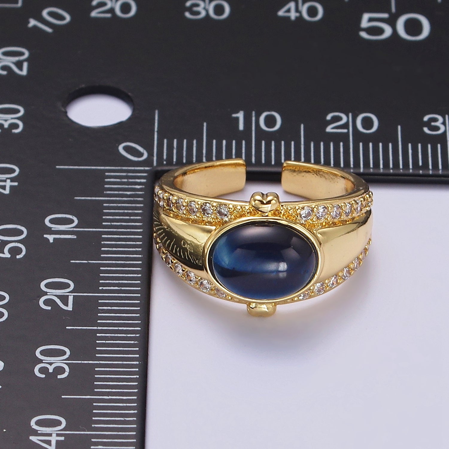 14K Gold Filled Lapis Lazuli Oval Double Heart Micro Paved CZ Signet Ring | O591 - DLUXCA