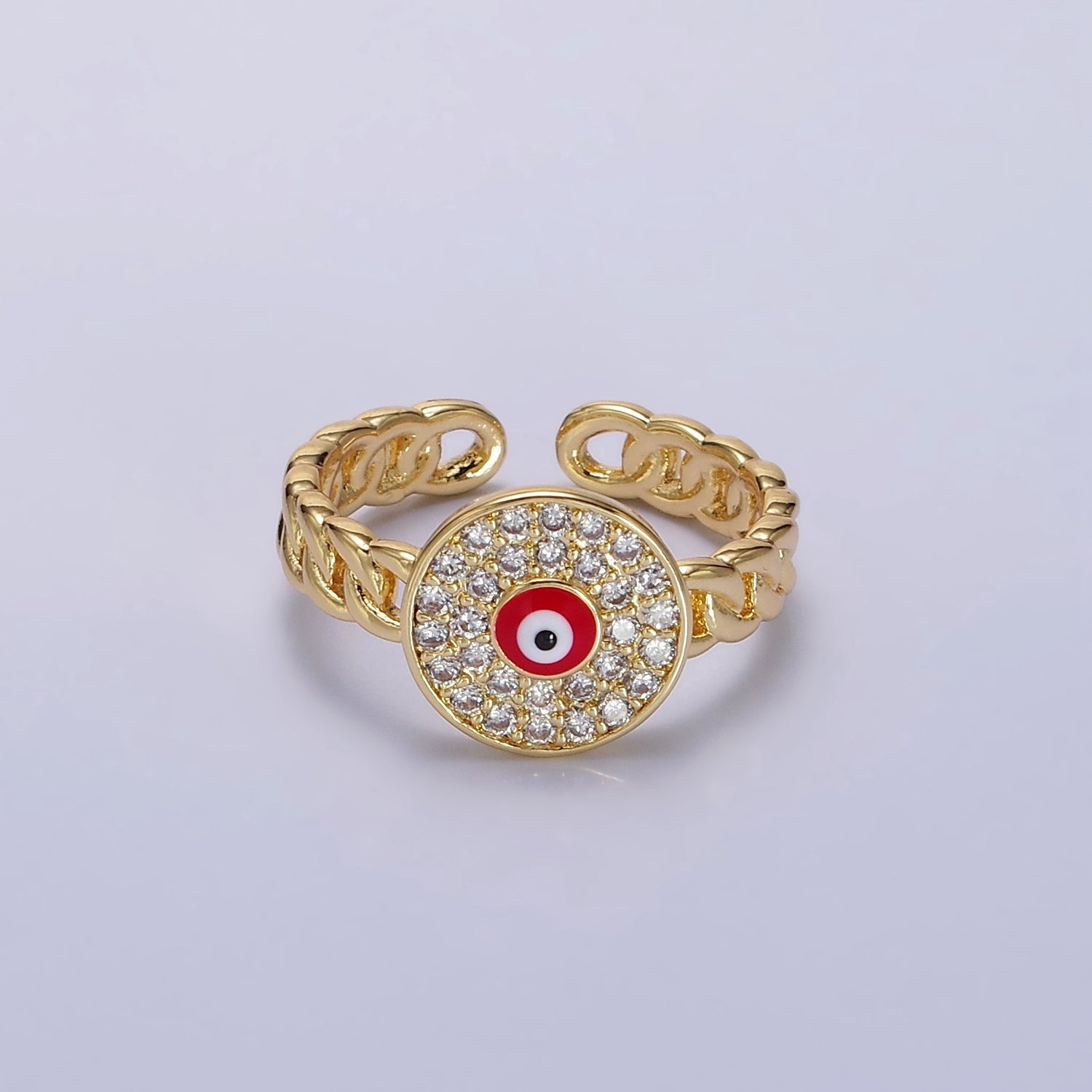 14K Gold Filled Red, White Evil Eye Enamel Round Clear Micro Paved CZ Curb Link Adjustable Ring | O594 O595 - DLUXCA