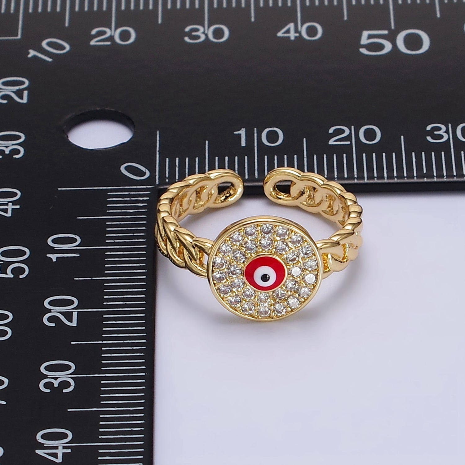 14K Gold Filled Red, White Evil Eye Enamel Round Clear Micro Paved CZ Curb Link Adjustable Ring | O594 O595 - DLUXCA