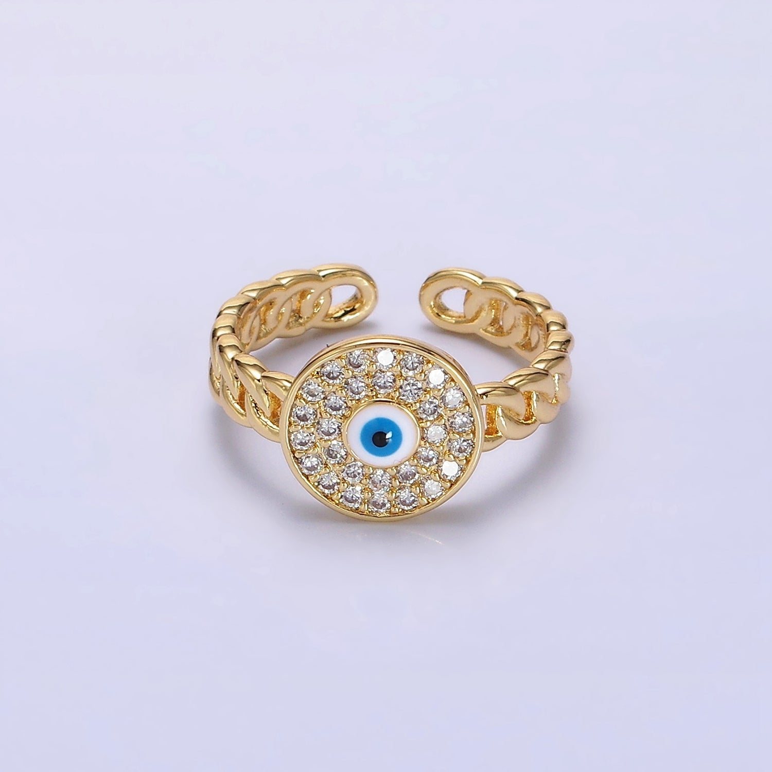 14K Gold Filled Red, White Evil Eye Enamel Round Clear Micro Paved CZ Curb Link Adjustable Ring | O594 O595 - DLUXCA