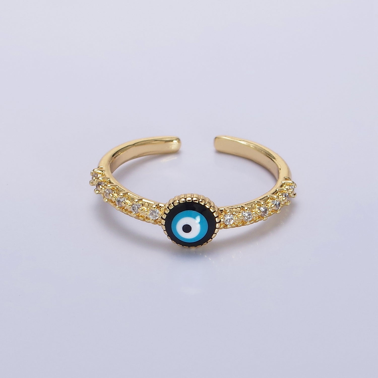 14K Gold Filled Evil Eye Enamel Clear CZ Lined Adjustable Ring | O596 - DLUXCA