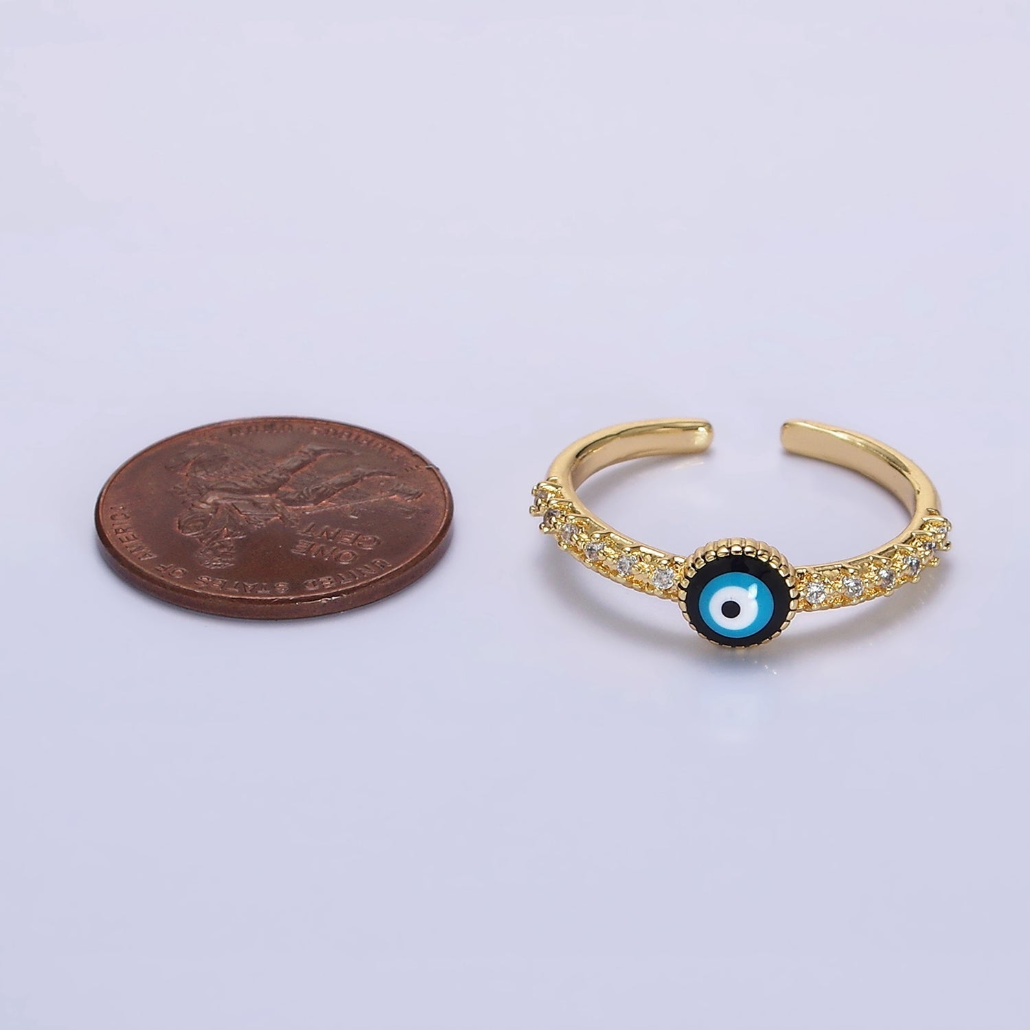 14K Gold Filled Evil Eye Enamel Clear CZ Lined Adjustable Ring | O596 - DLUXCA