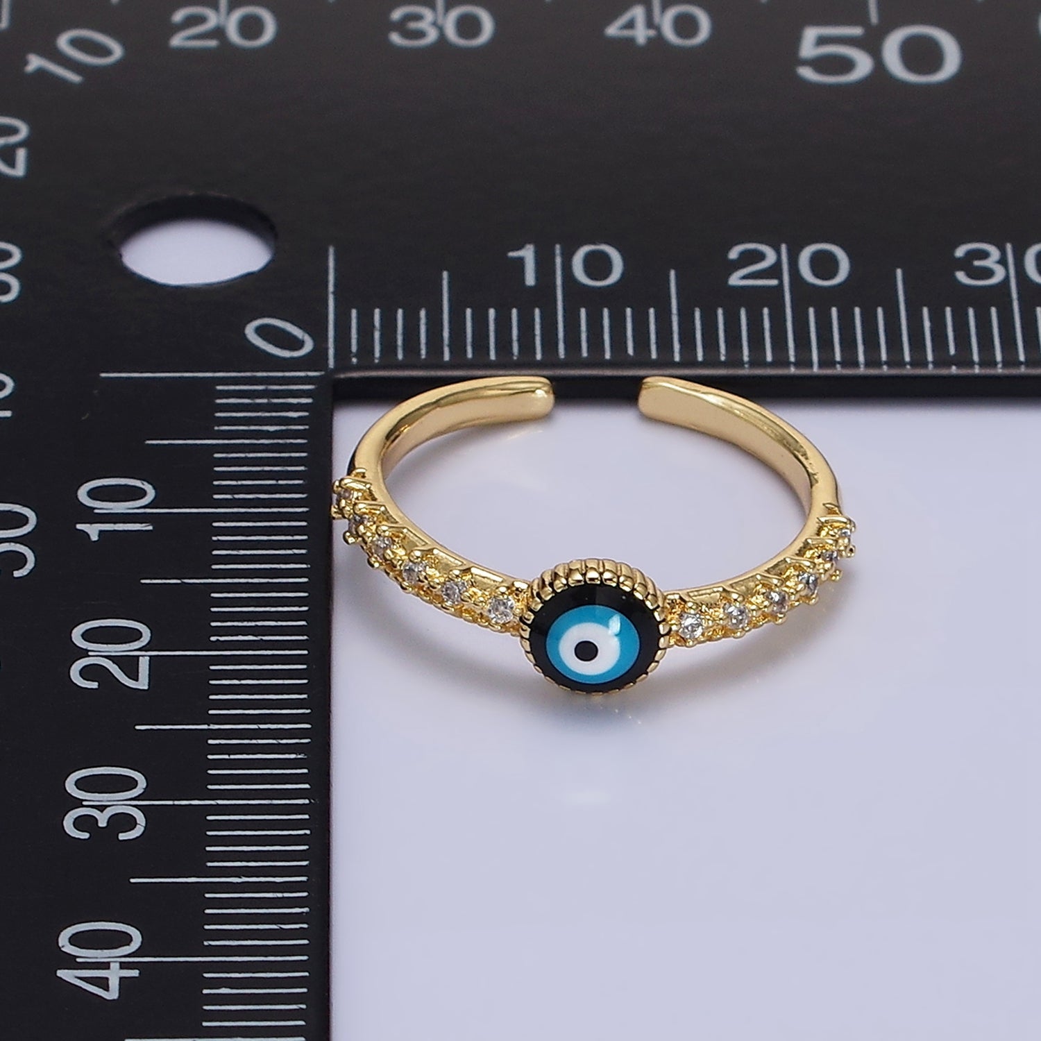 14K Gold Filled Evil Eye Enamel Clear CZ Lined Adjustable Ring | O596 - DLUXCA