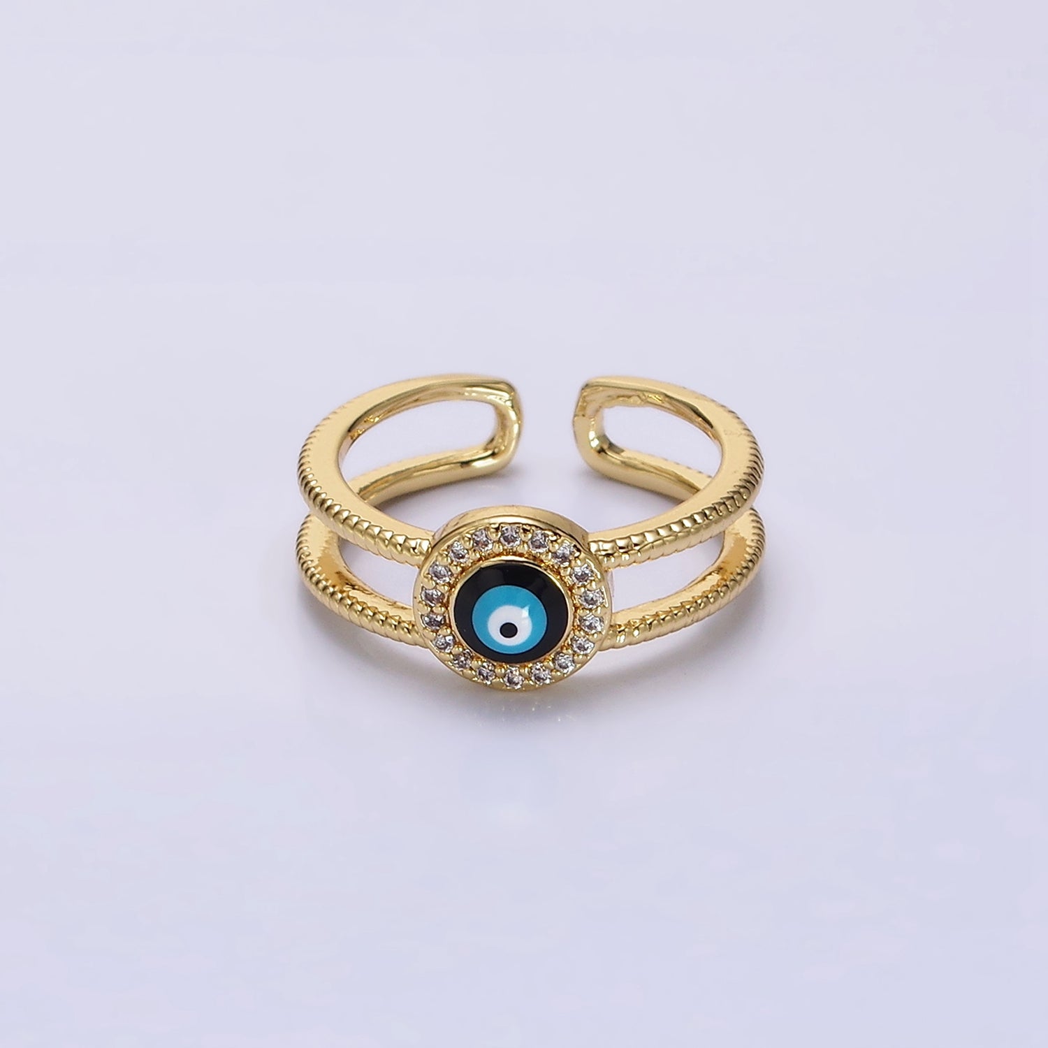 14K Gold Filled Evil Eye Enamel Round Micro Paved CZ Line-Textured Double Band Ring | O597 - DLUXCA