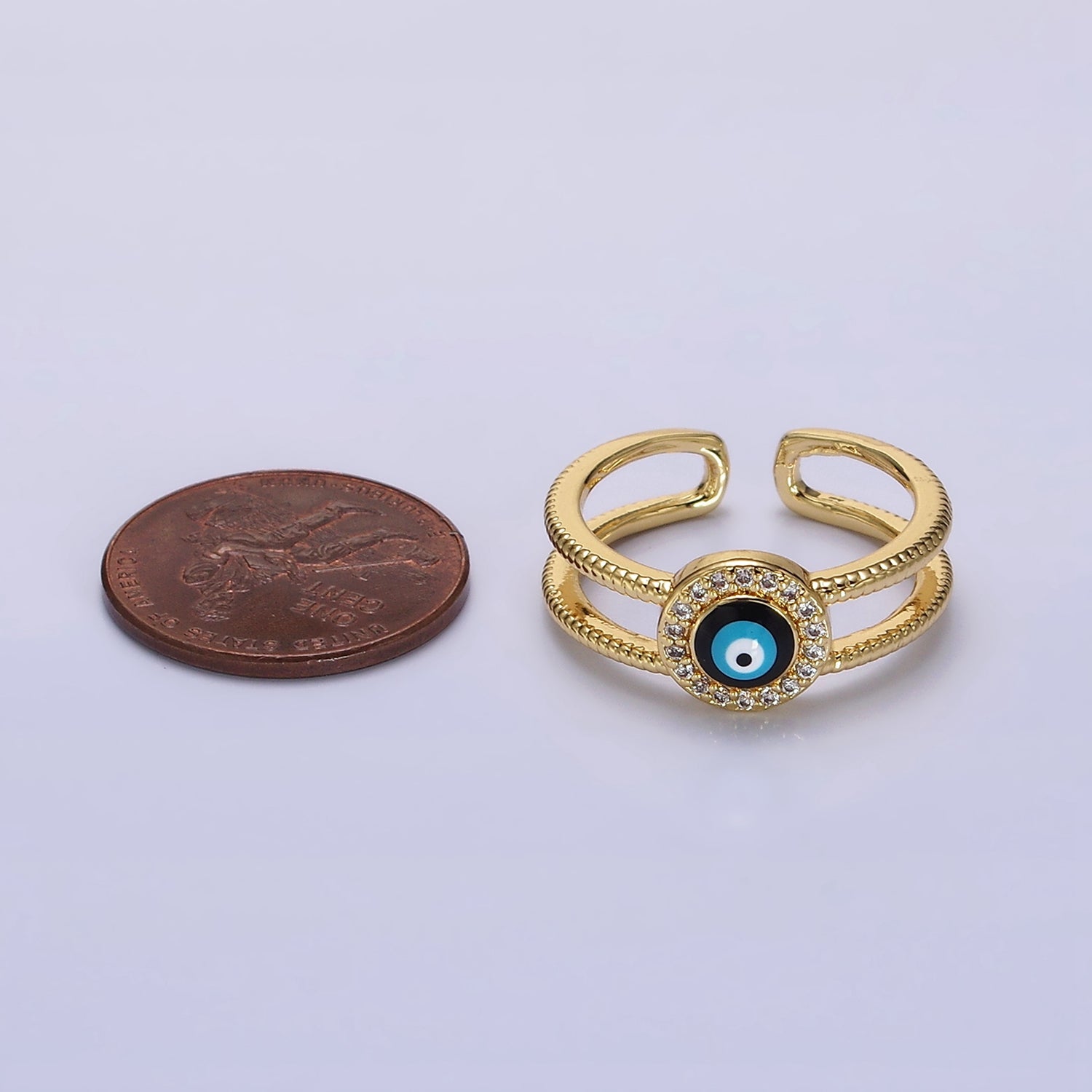 14K Gold Filled Evil Eye Enamel Round Micro Paved CZ Line-Textured Double Band Ring | O597 - DLUXCA