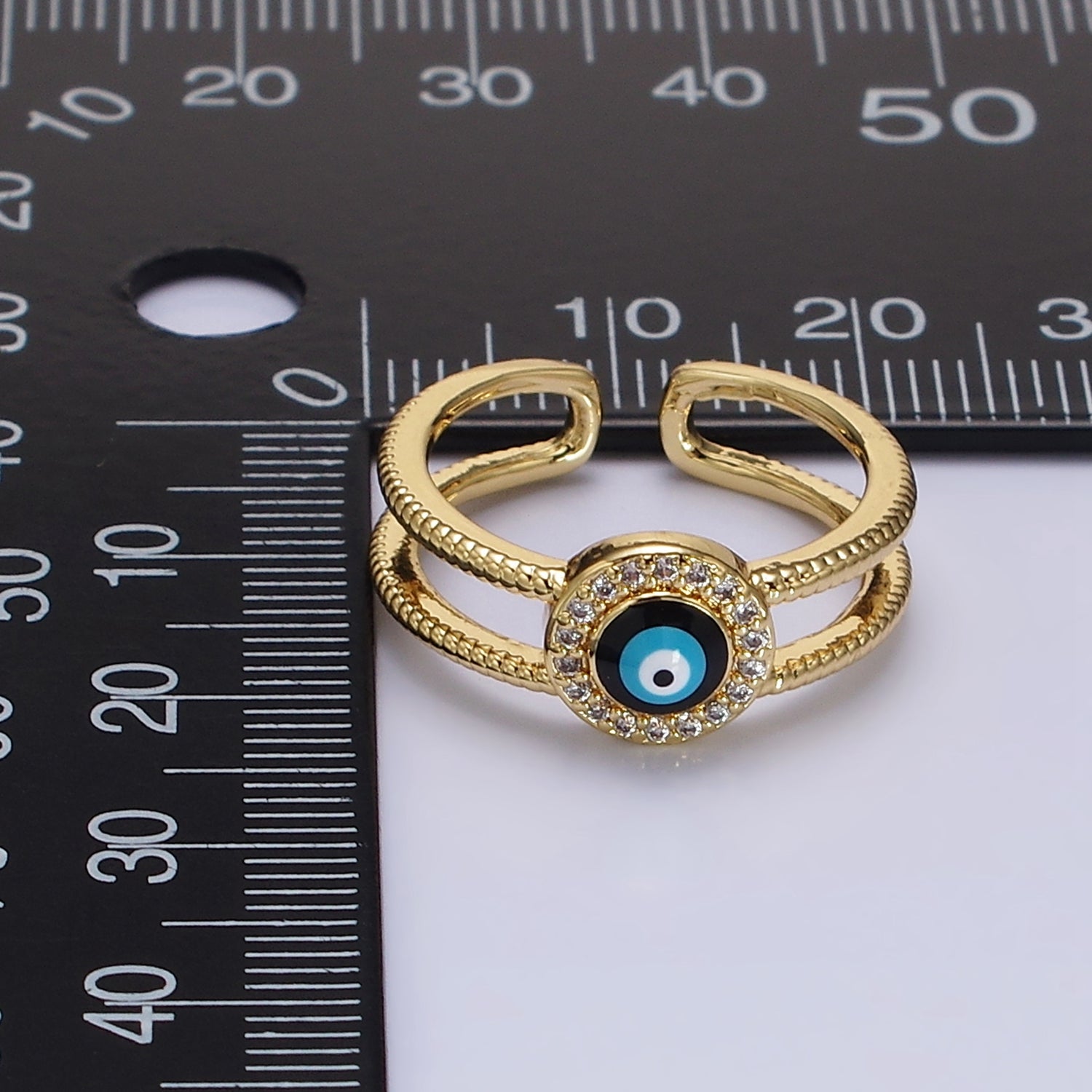 14K Gold Filled Evil Eye Enamel Round Micro Paved CZ Line-Textured Double Band Ring | O597 - DLUXCA