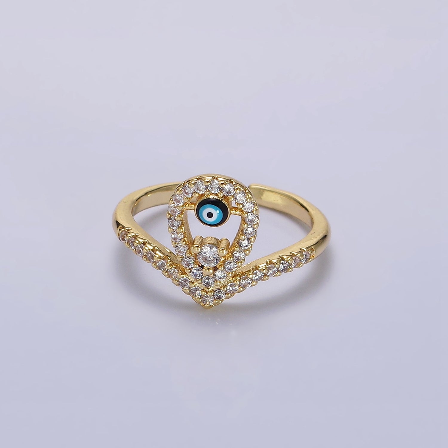 14K Gold Filled Evil Eye Enamel Open Teardrop Chevron Micro Paved CZ Ring | O598 - DLUXCA