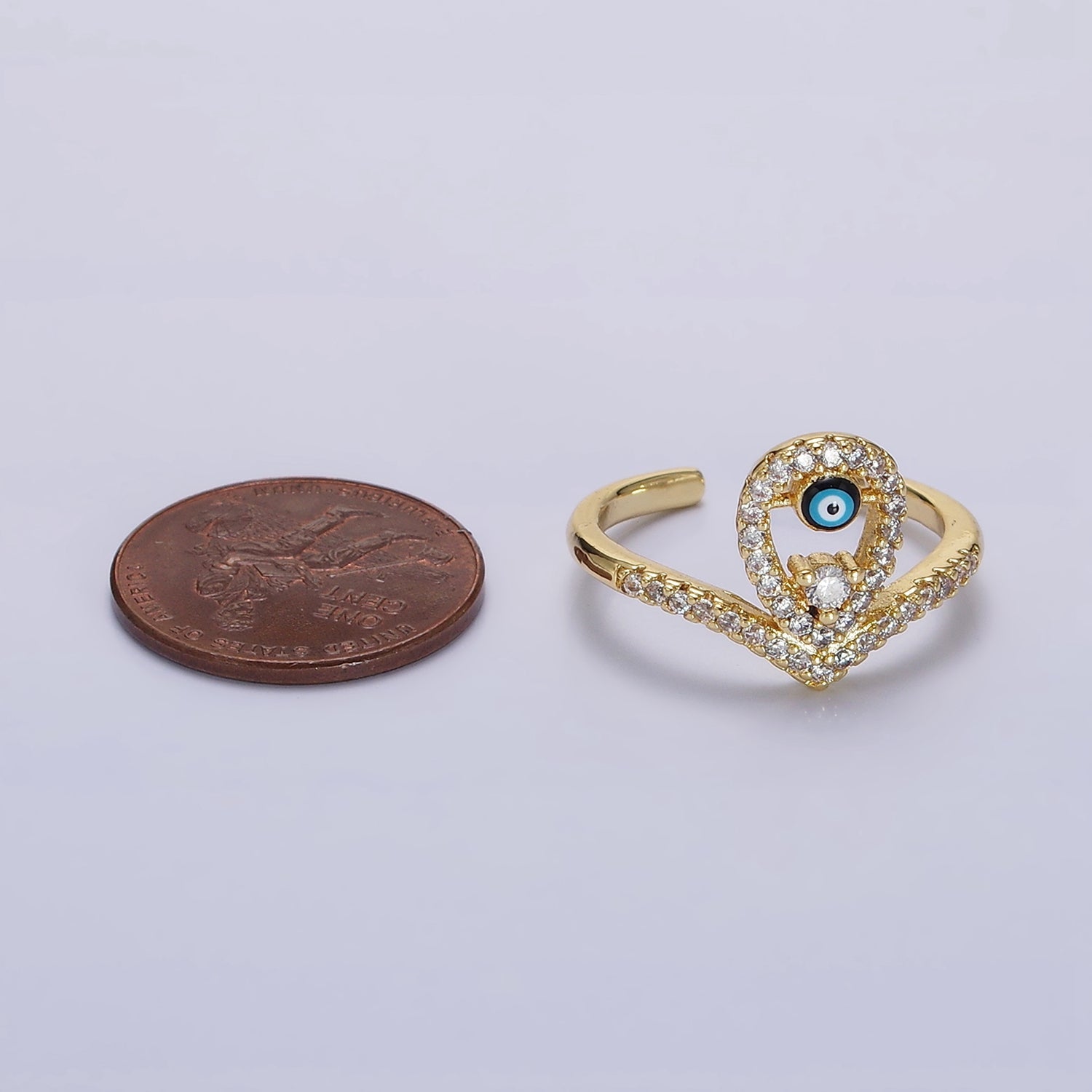 14K Gold Filled Evil Eye Enamel Open Teardrop Chevron Micro Paved CZ Ring | O598 - DLUXCA