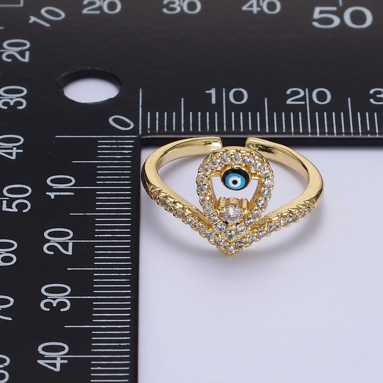 14K Gold Filled Evil Eye Enamel Open Teardrop Chevron Micro Paved CZ Ring | O598 - DLUXCA