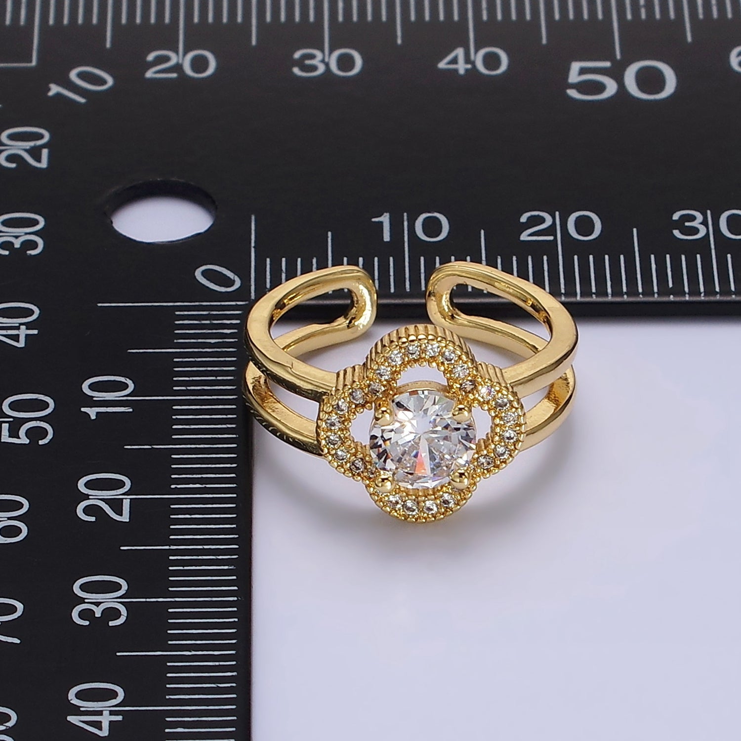 14K Gold Filled Clear CZ Micro Paved Quatrefoil Clover Double Band Ring | O599 - DLUXCA