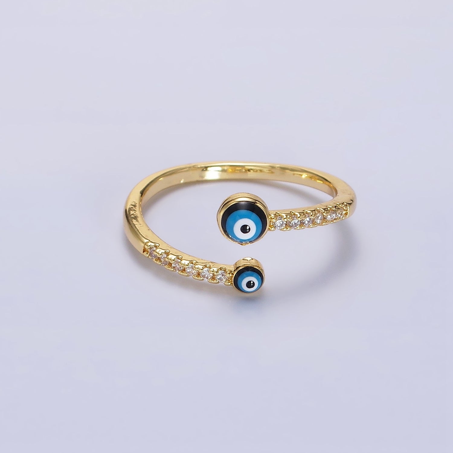 14K Gold Filled Double Evil Eye Enamel Clear Micro Paved CZ Open Ring | O600 - DLUXCA