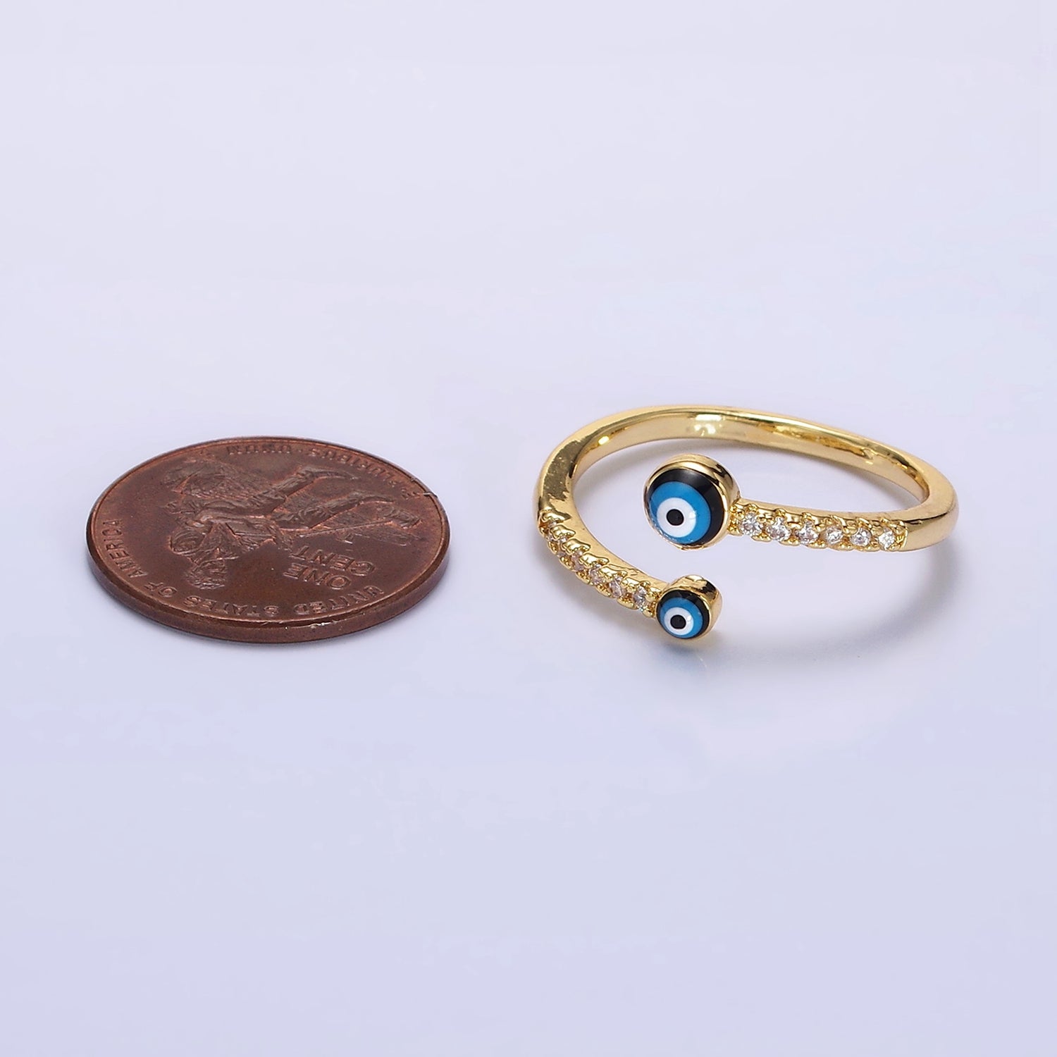 14K Gold Filled Double Evil Eye Enamel Clear Micro Paved CZ Open Ring | O600 - DLUXCA