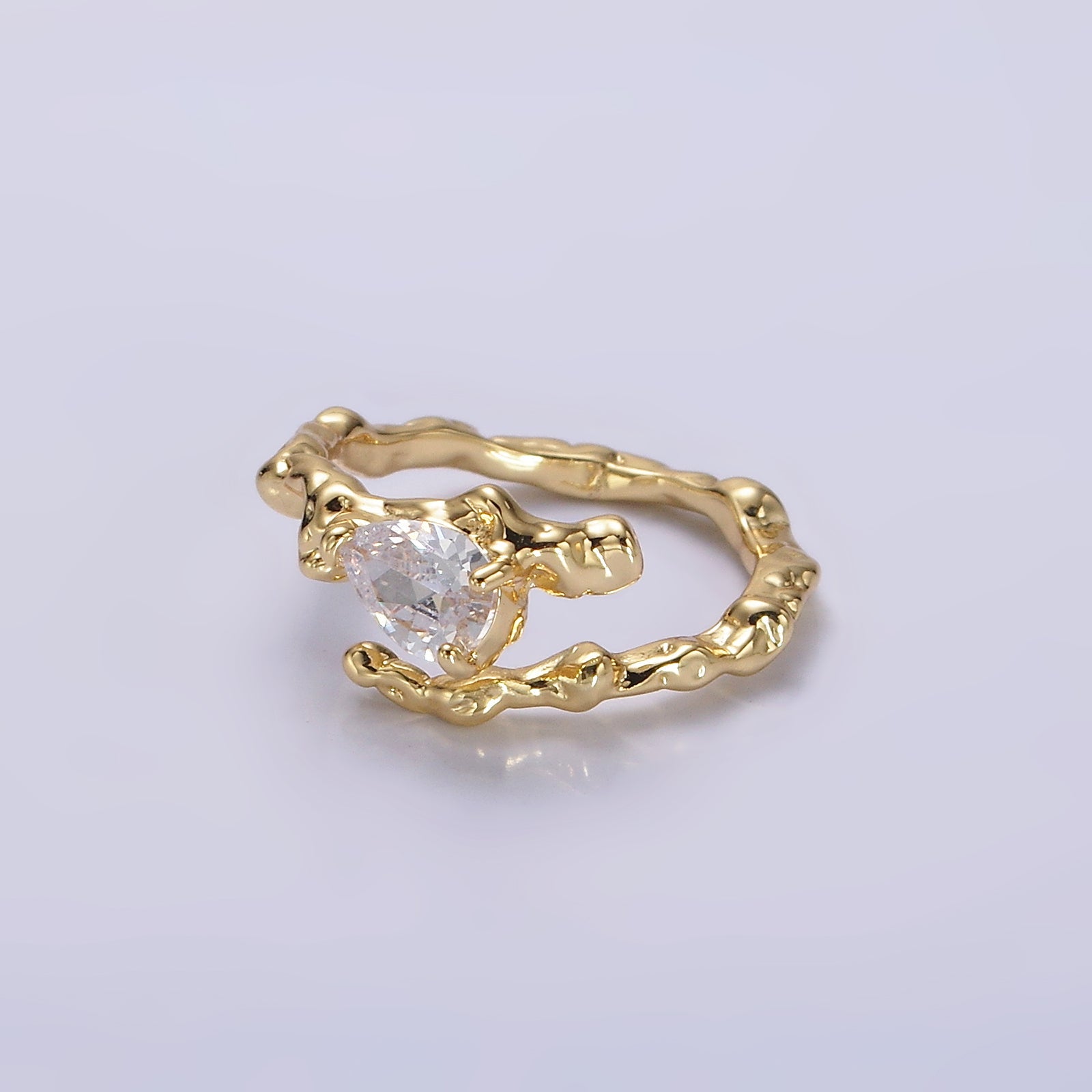 14K Gold Filled Clear CZ Teardrop Molten Drip Open Ring | O603 - DLUXCA