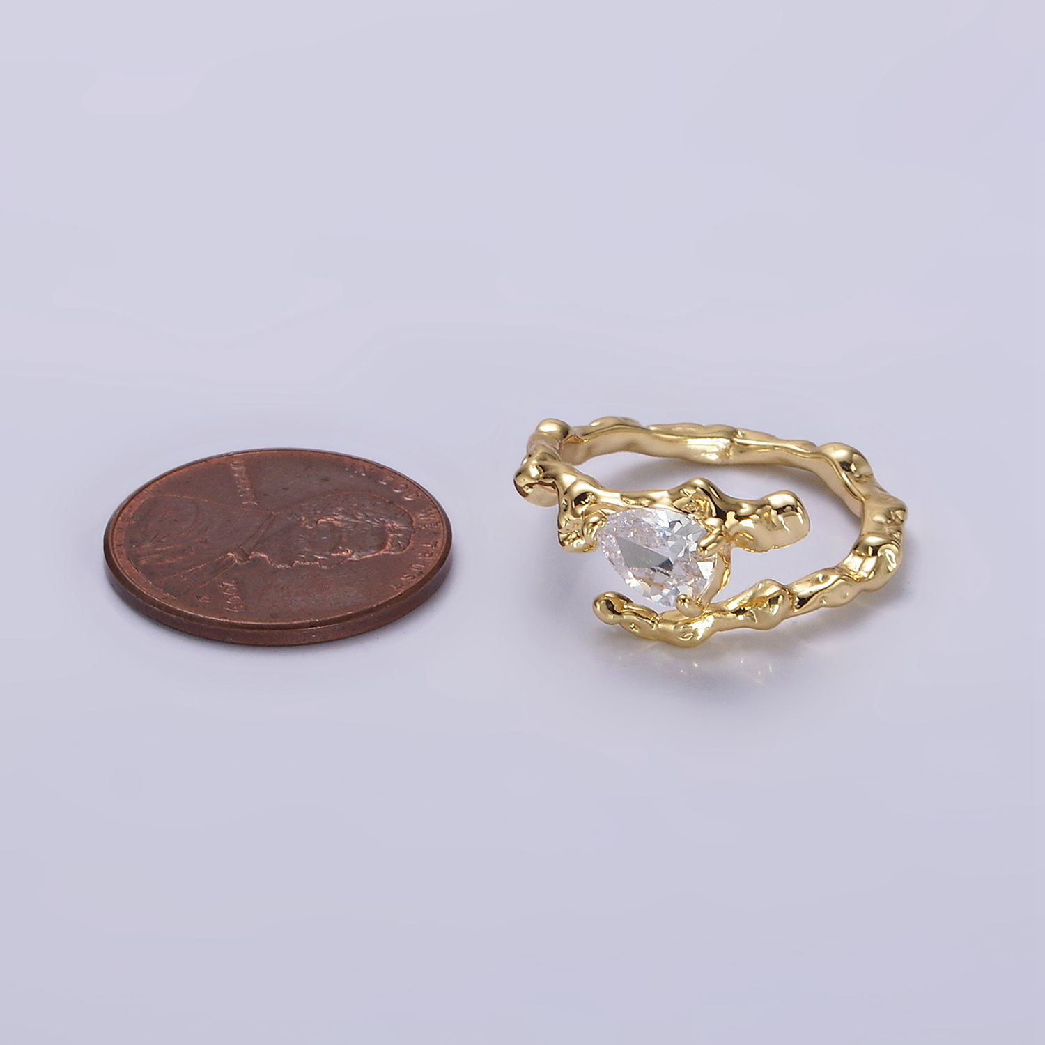 14K Gold Filled Clear CZ Teardrop Molten Drip Open Ring | O603 - DLUXCA