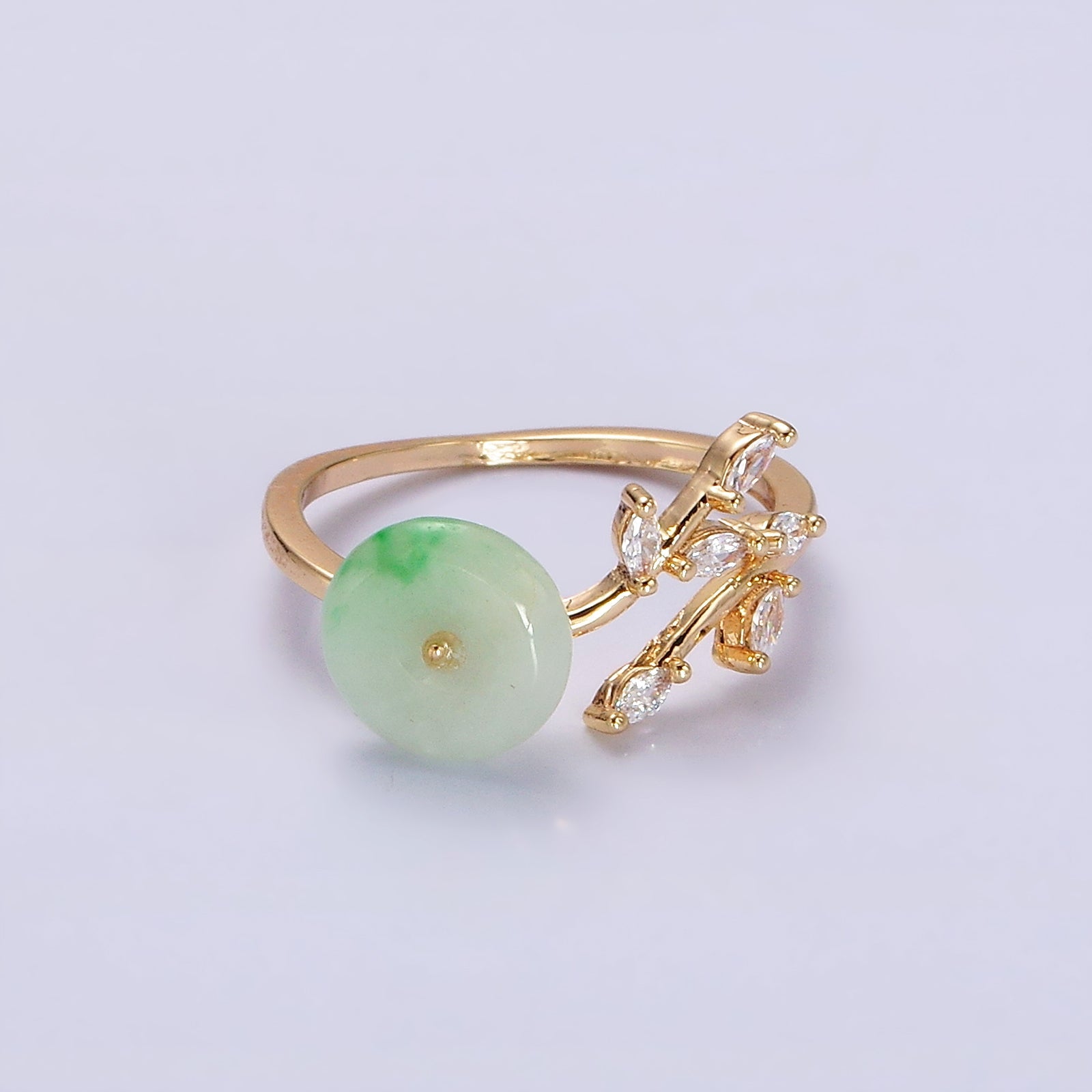 14K Gold Filled Green Jade Donut Butterfly Leaf Marquise CZ Open Ring | O604 - DLUXCA