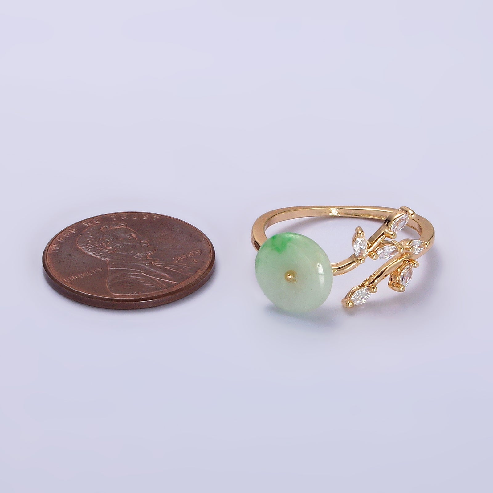 14K Gold Filled Green Jade Donut Butterfly Leaf Marquise CZ Open Ring | O604 - DLUXCA