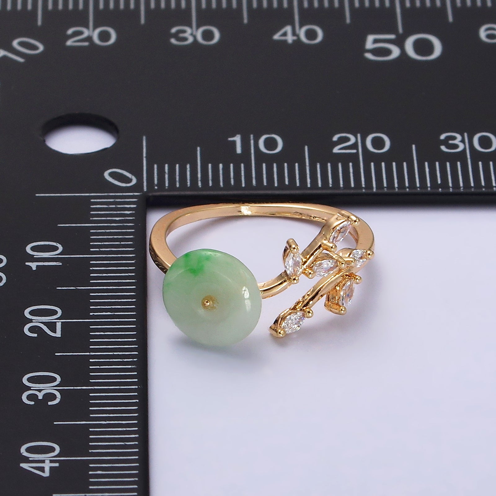 14K Gold Filled Green Jade Donut Butterfly Leaf Marquise CZ Open Ring | O604 - DLUXCA