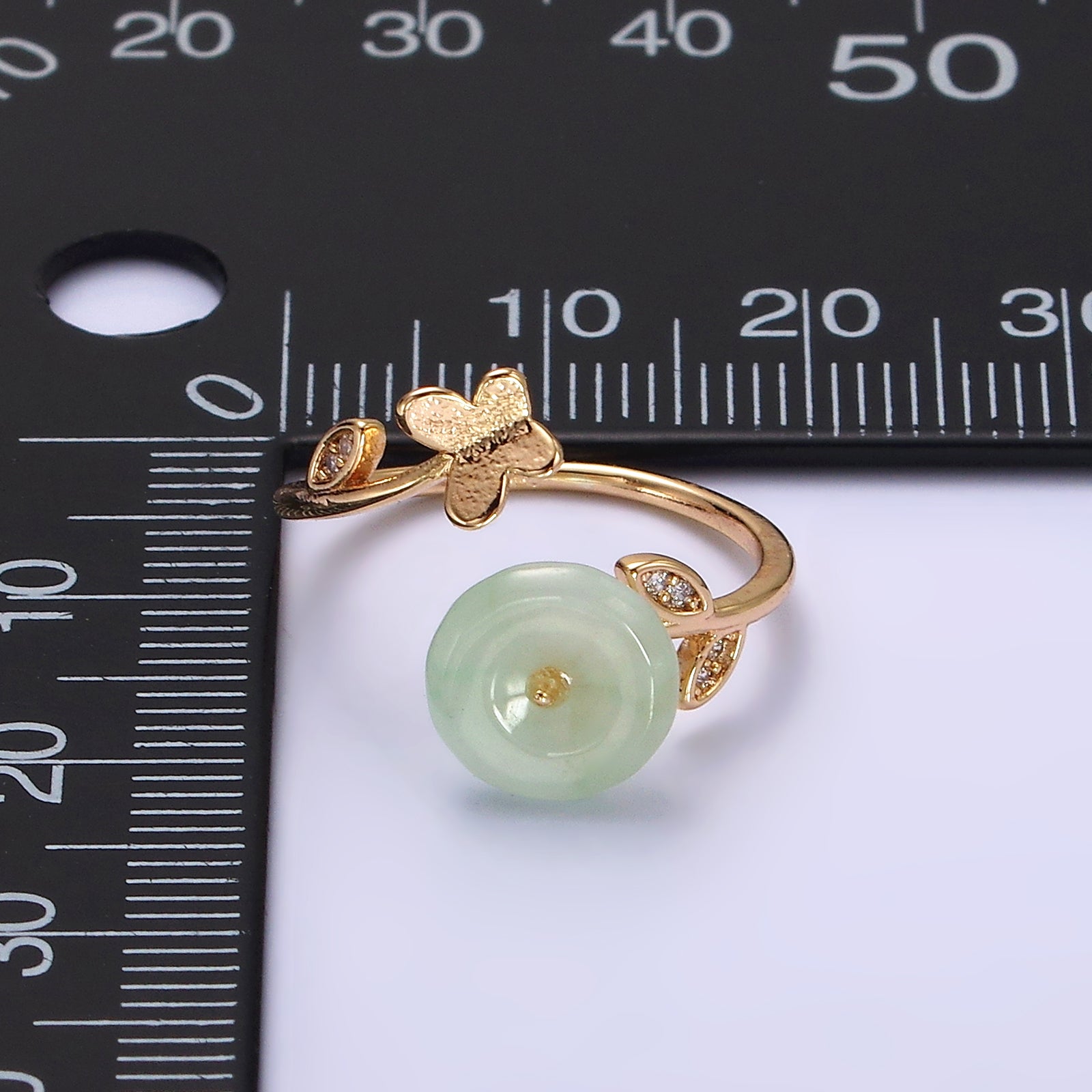 14K Gold Filled Green Jade Donut Butterfly Leaf Micro Paved CZ Open Ring | O605 - DLUXCA