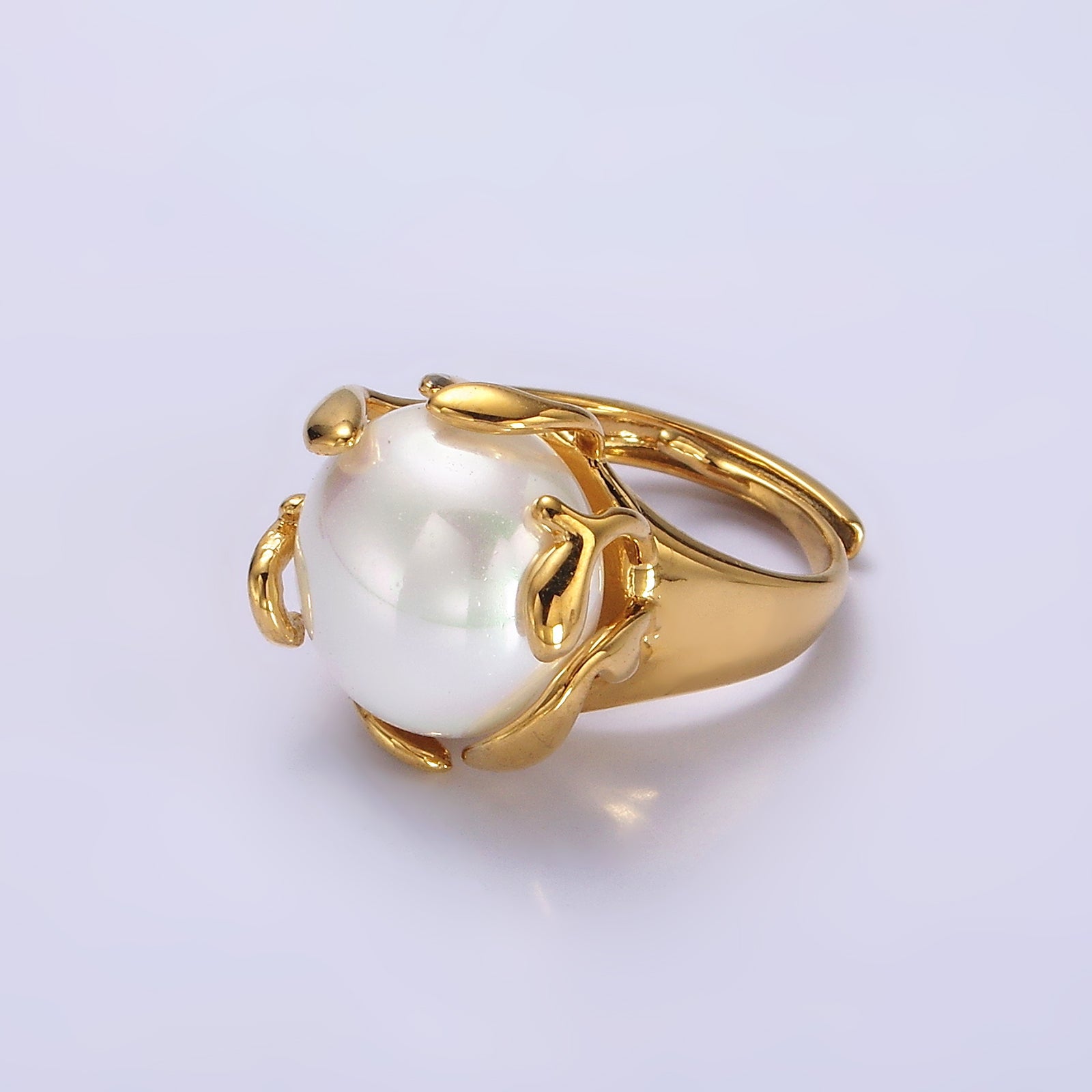 14K Gold Filled White Round Pearl Molten Adjustable Signet Ring | O606 - DLUXCA