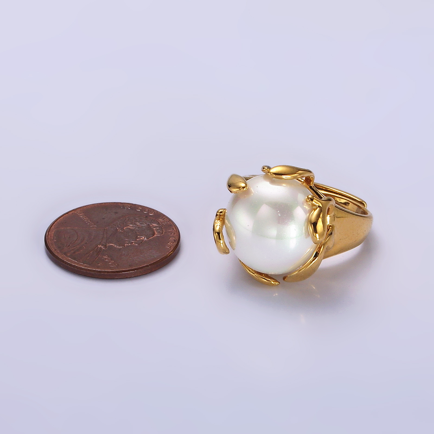 14K Gold Filled White Round Pearl Molten Adjustable Signet Ring | O606 - DLUXCA