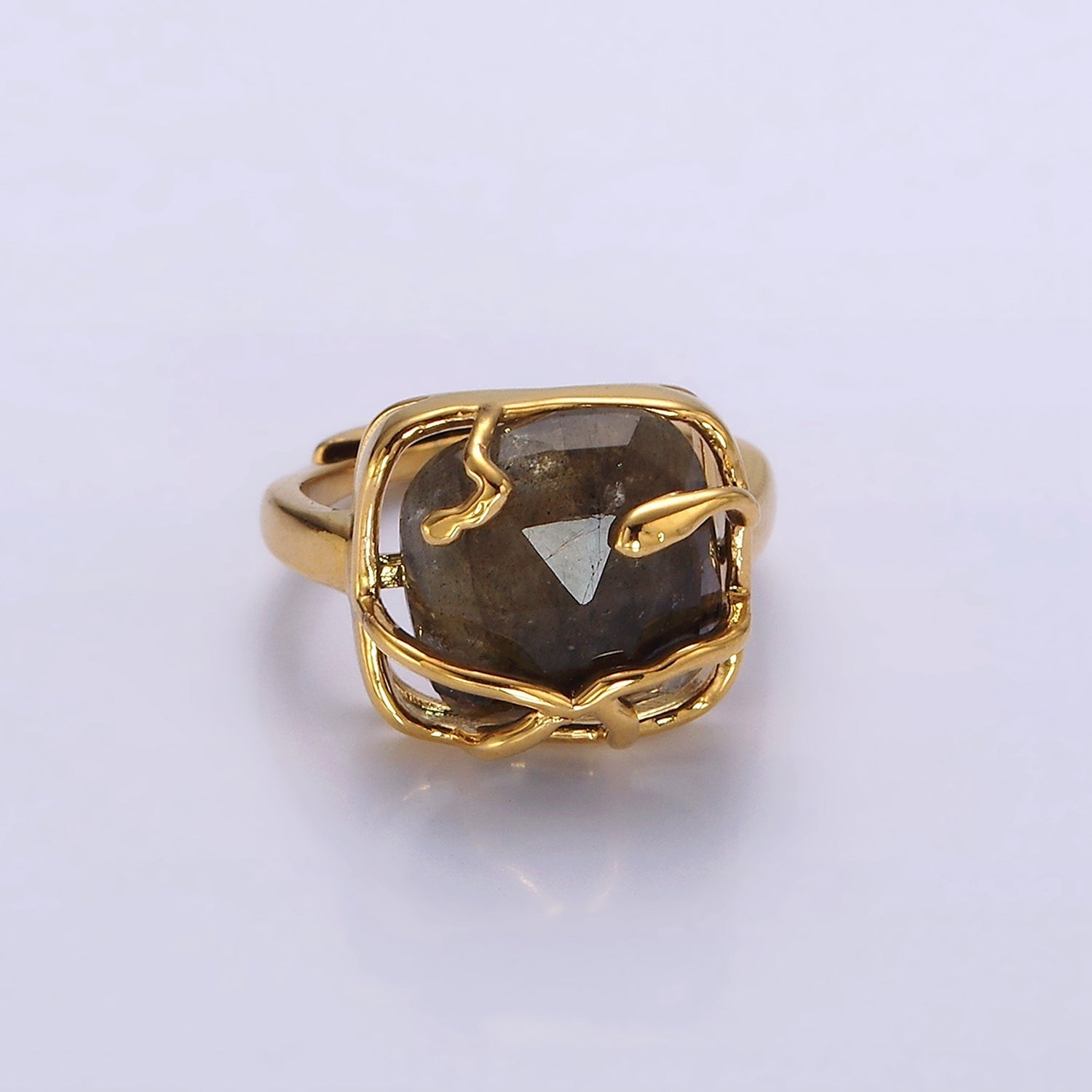 16K Gold Filled Rose Quartz, Labradorite Multifaceted Gemstone Molten Drip Ring | O610 O611 - DLUXCA