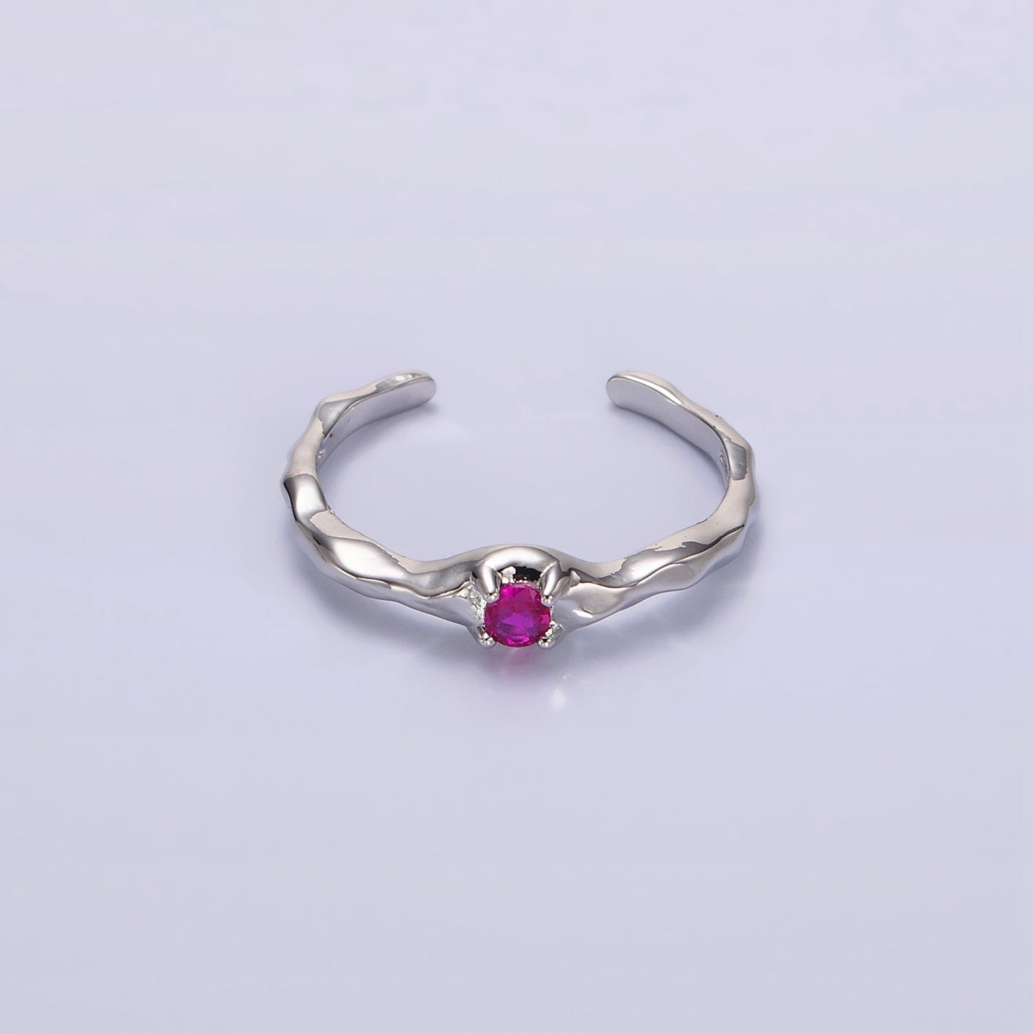 24K Gold Filled Green, Clear, Fuchsia CZ Solitaire Molten Ring in Silver & Gold | O617 - O622 - DLUXCA