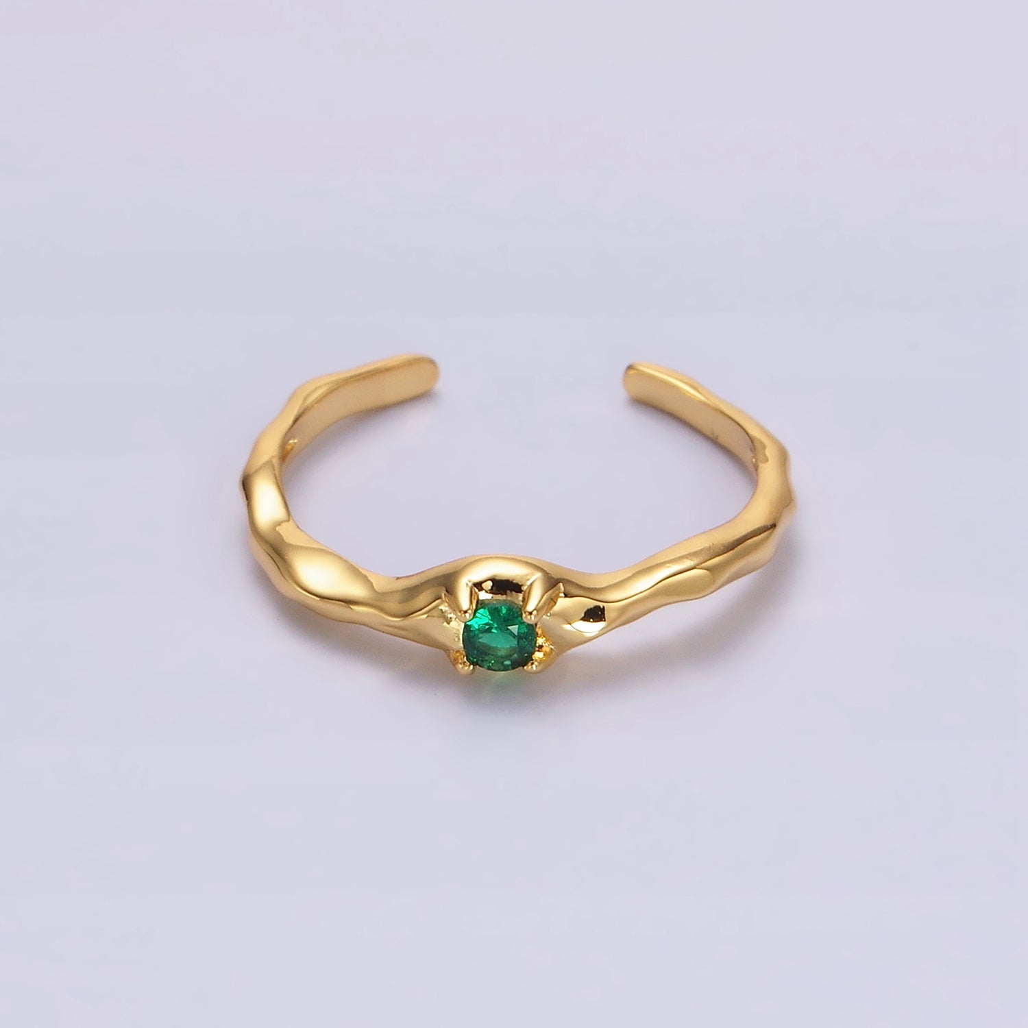 24K Gold Filled Green, Clear, Fuchsia CZ Solitaire Molten Ring in Silver & Gold | O617 - O622 - DLUXCA