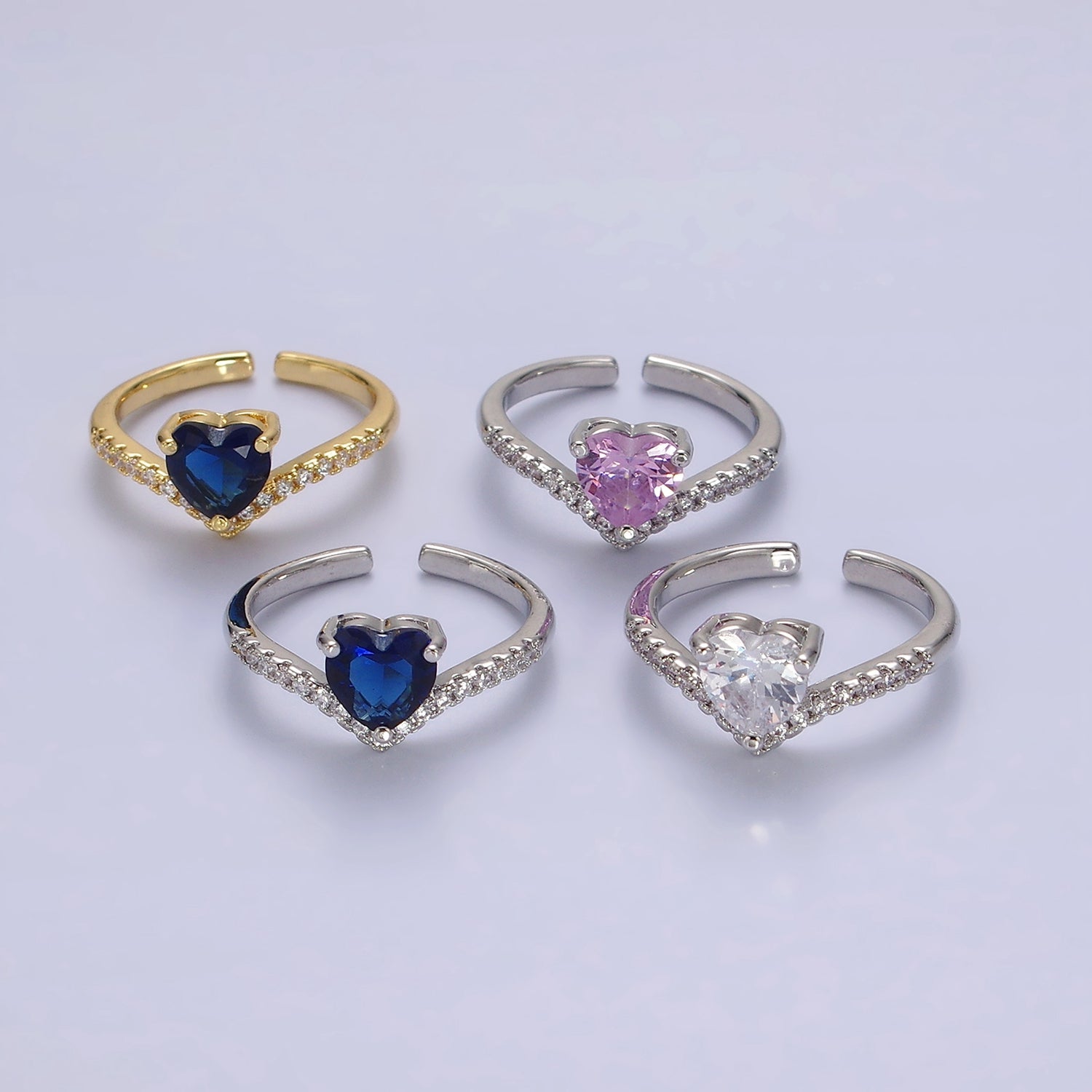 14K Gold Filled Blue, Clear, Pink Heart CZ Micro Paved Chevron Ring in Silver & Gold | O627 - O630 - DLUXCA