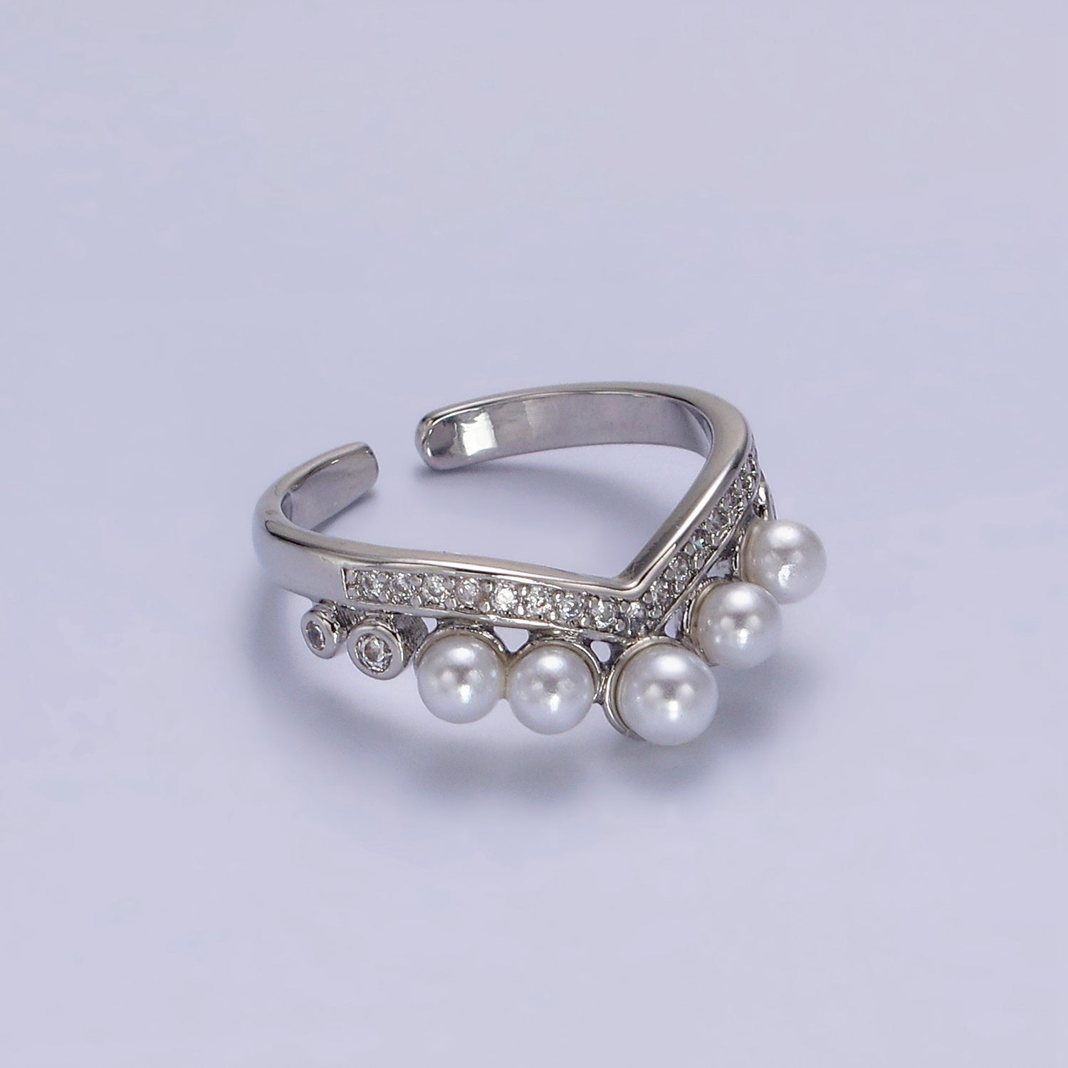 White Gold Filled Pearl Dotted Clear Micro Paved CZ Chevron Ring | O633 - DLUXCA