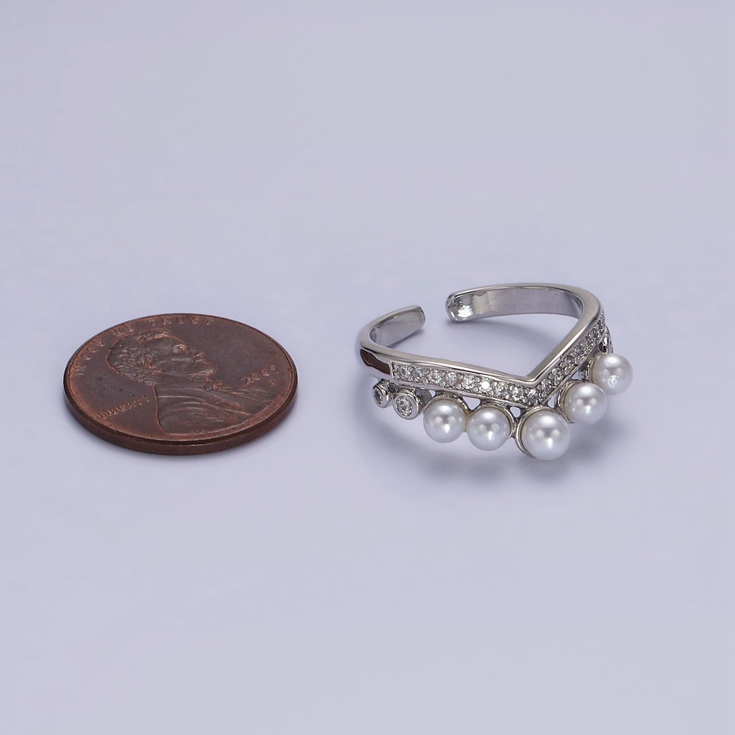 White Gold Filled Pearl Dotted Clear Micro Paved CZ Chevron Ring | O633 - DLUXCA