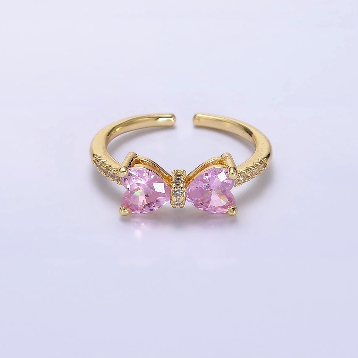 14K Gold Filled Pink, Clear CZ Heart Ribbon Micro Paved Ring | O637 O638 - DLUXCA