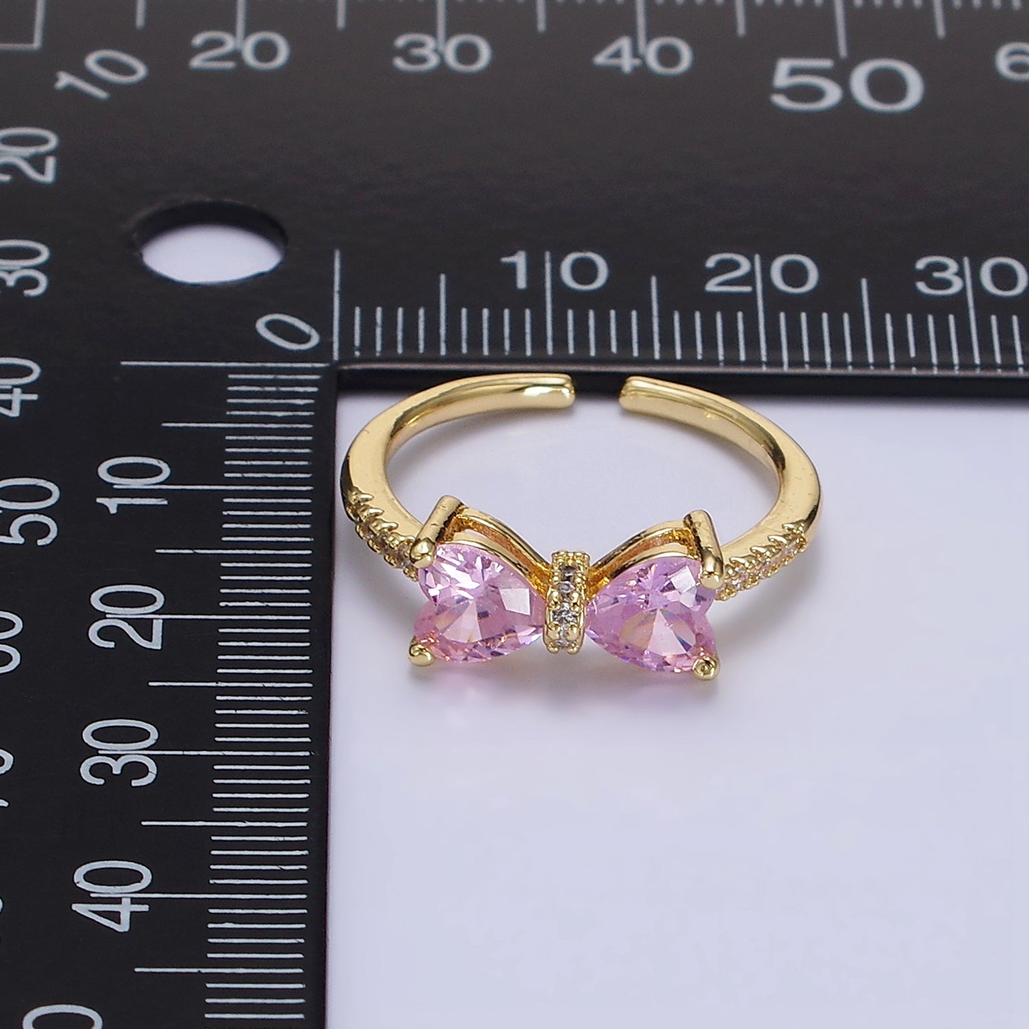 14K Gold Filled Pink, Clear CZ Heart Ribbon Micro Paved Ring | O637 O638 - DLUXCA